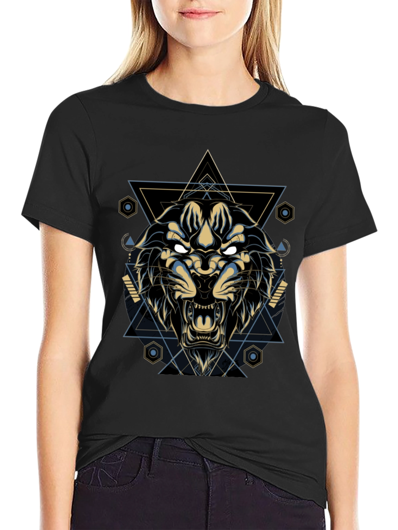 Black Geometric Lion Graphic Tee - Cool & Stylish view 2