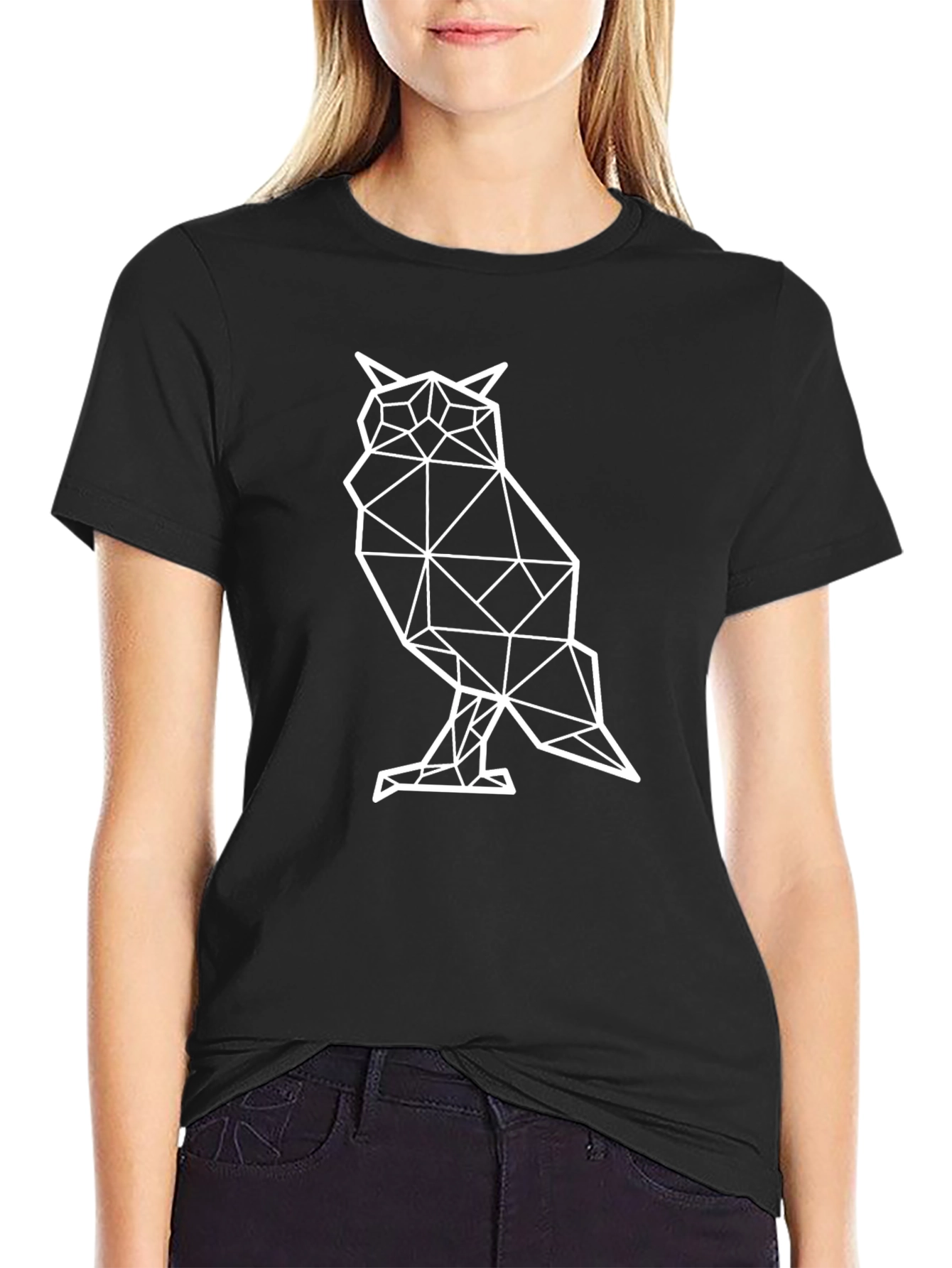 Black Geometric Owl Graphic T-Shirt - Black view 2