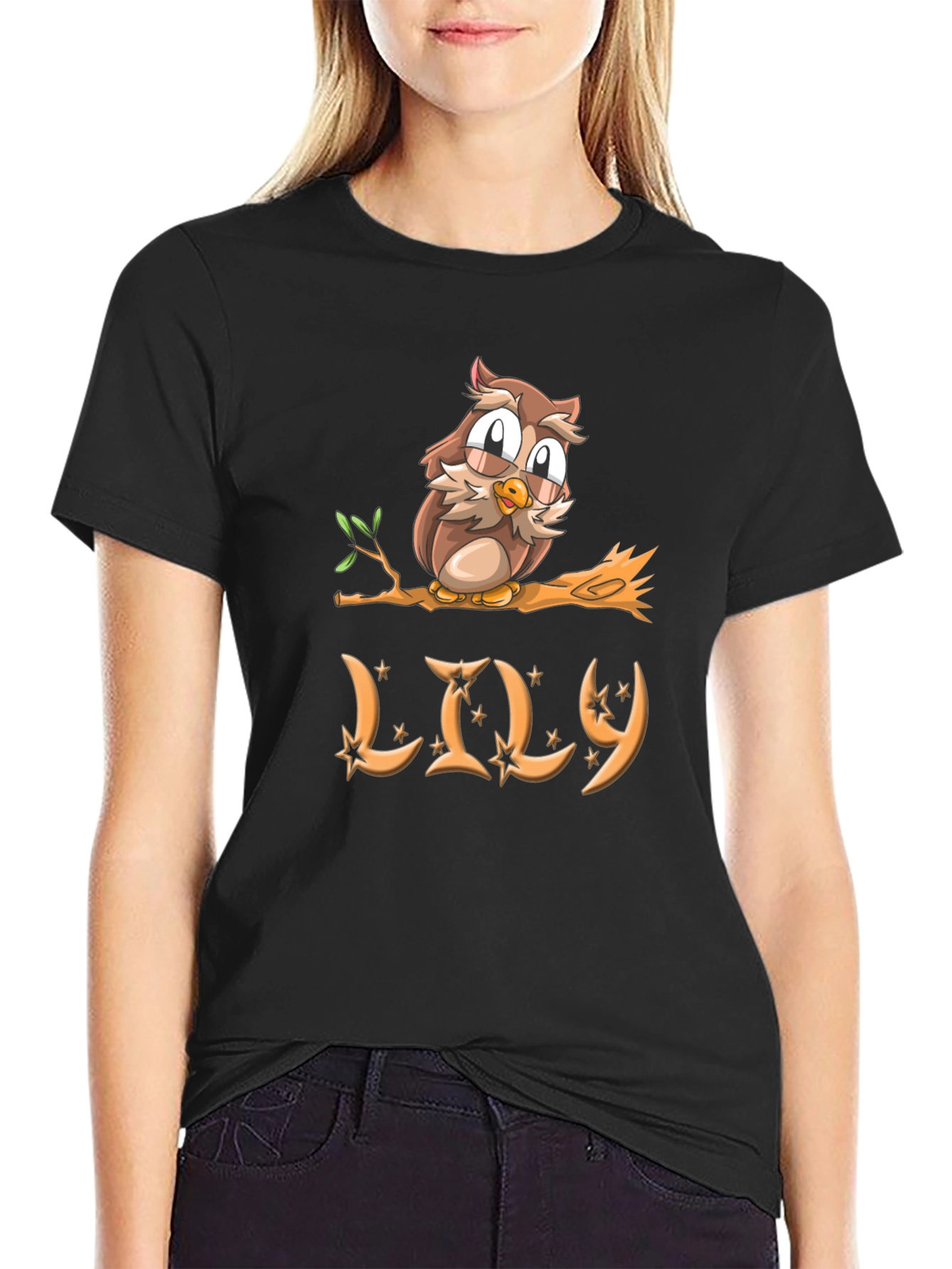 Black Cute Owl on Branch Personalized T-Shirt view 2