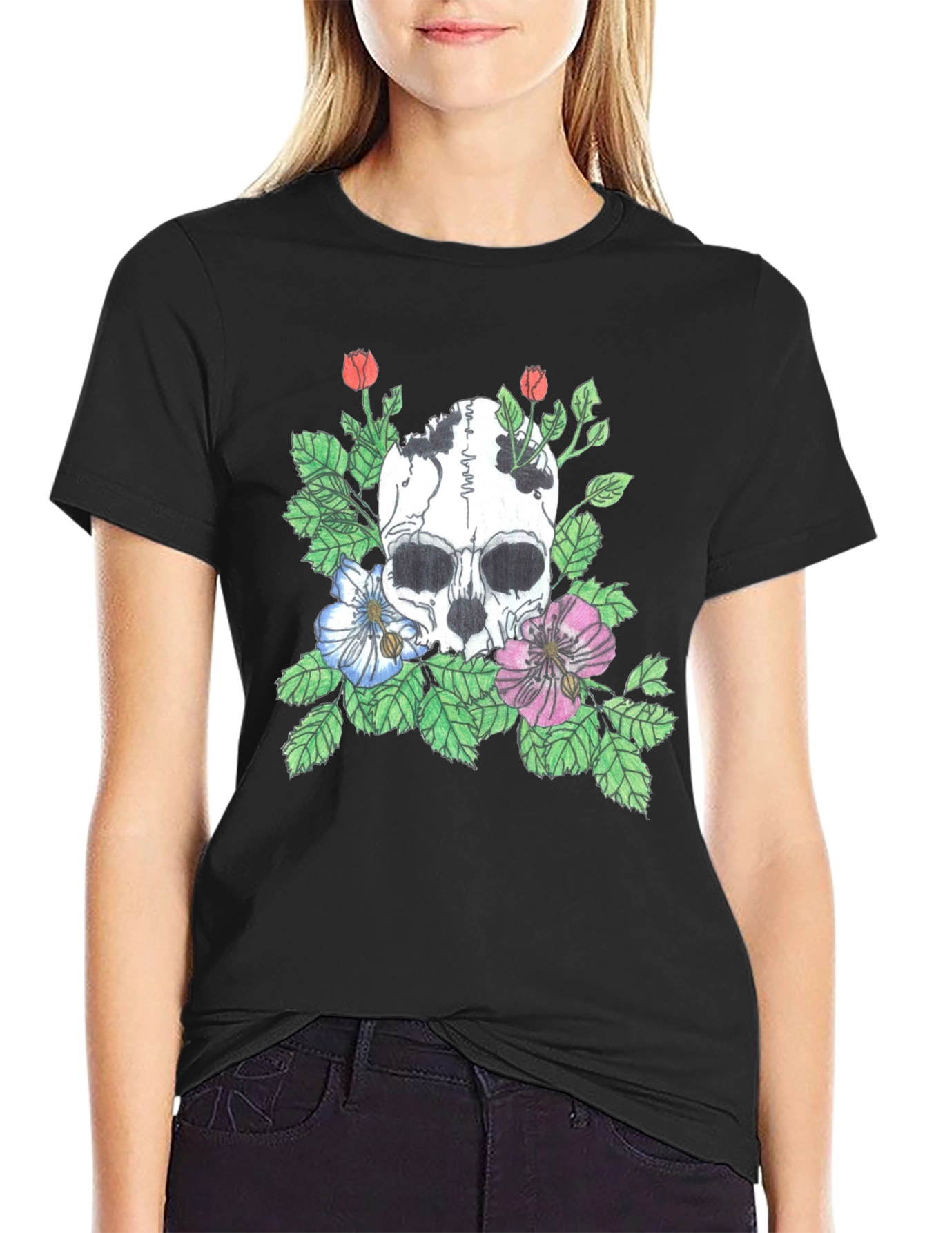 Black Skull Floral Graphic Tee - Stylish Black T-Shirt view 2