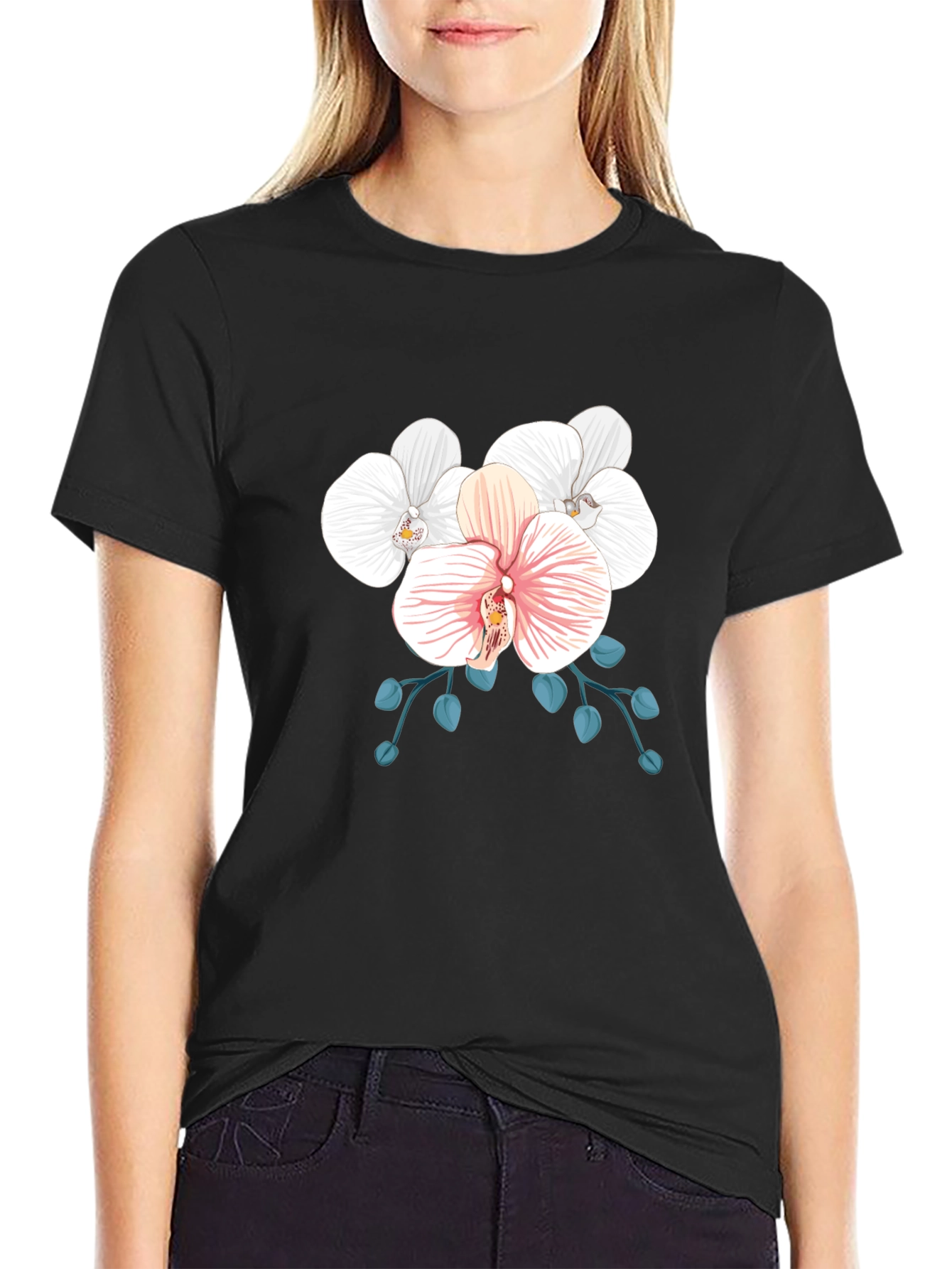Black Floral Orchid Graphic Tee - Black Cotton Blend view 2