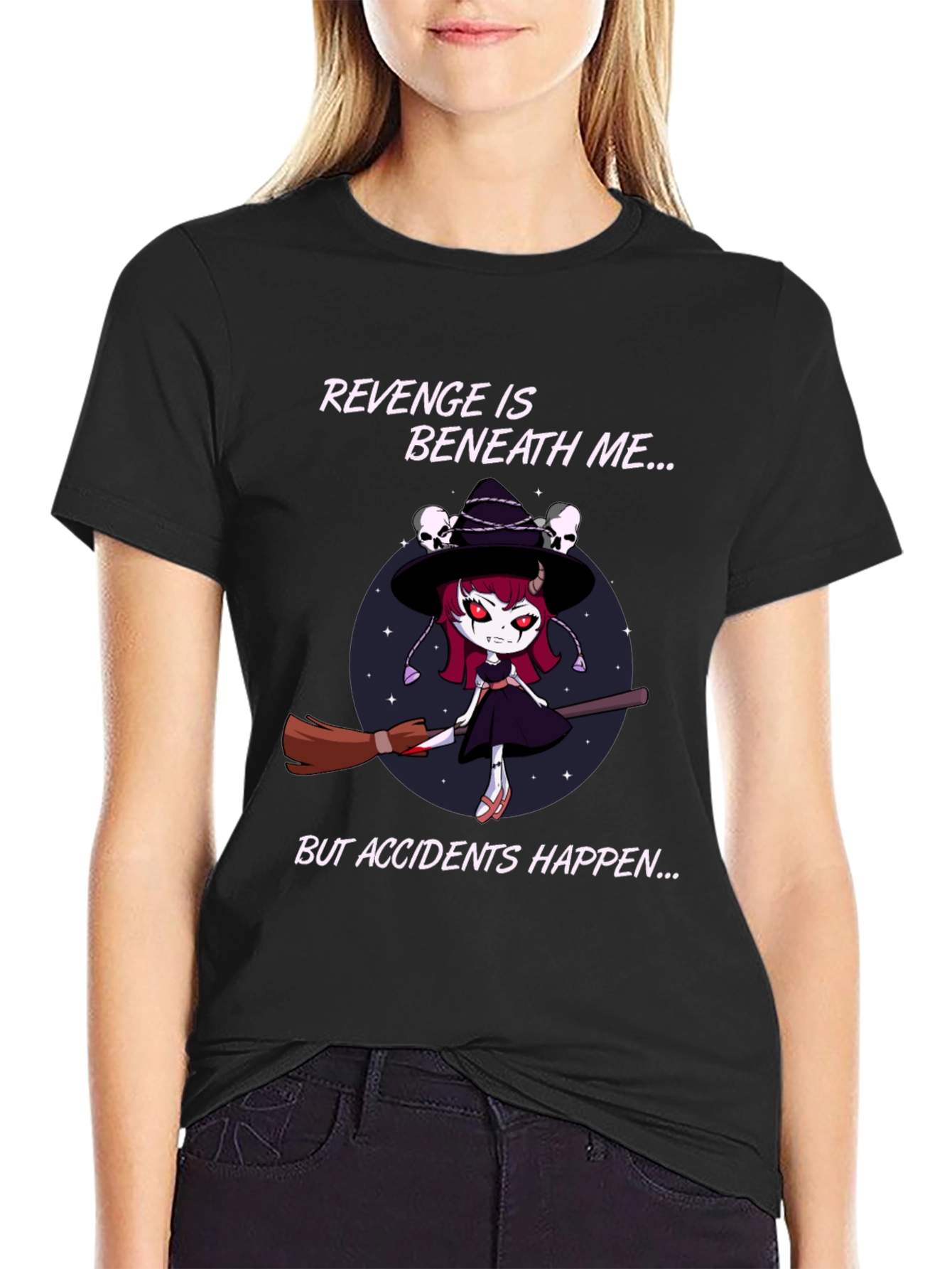 Black Revenge Witch T-Shirt: Accidents Happen - Black Cotton Tee view 2
