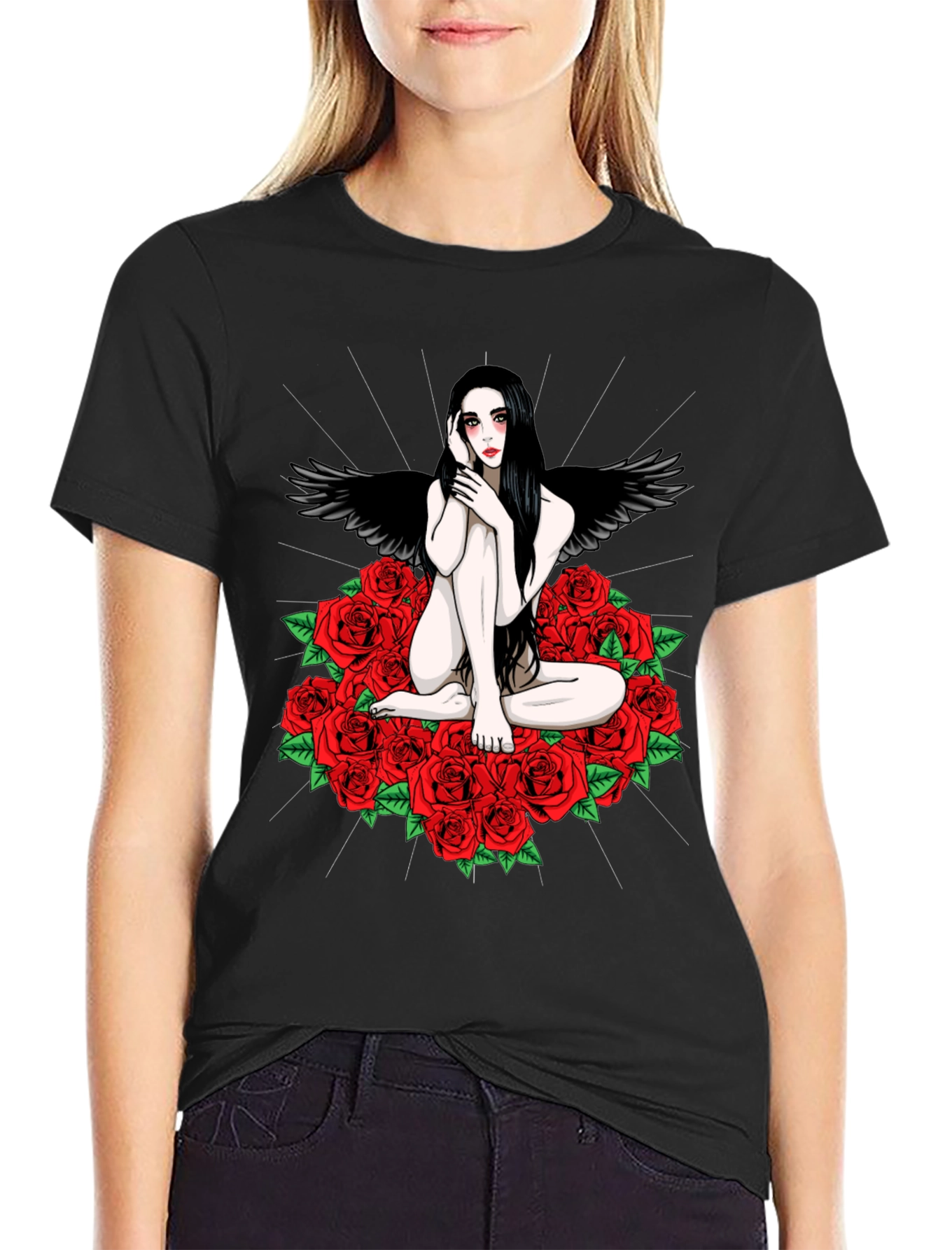 Black Gothic Angel Rose T-Shirt - Dark Fantasy Tee view 2