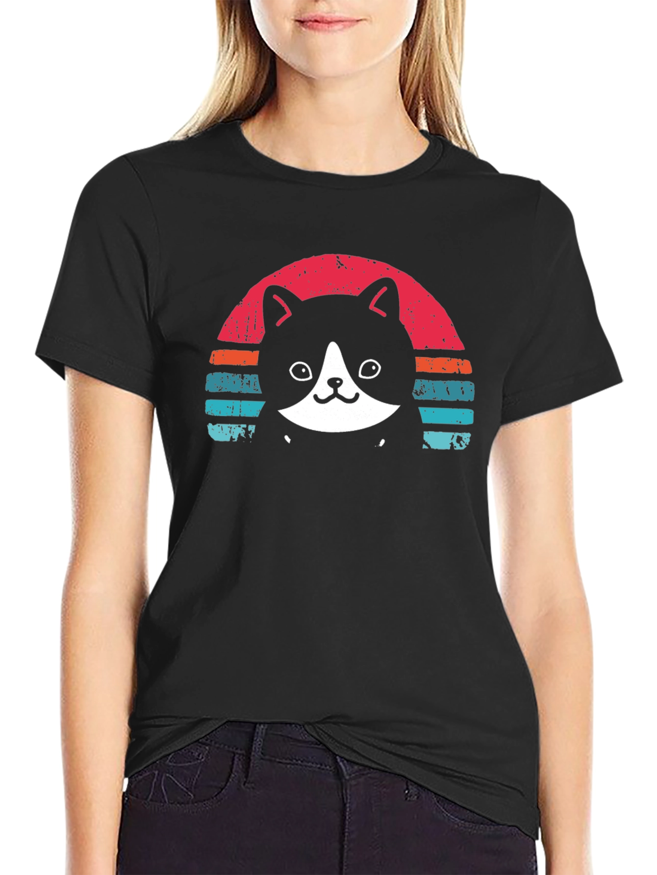 Black Retro Cat T-Shirt - Black Crew Neck Tee view 2