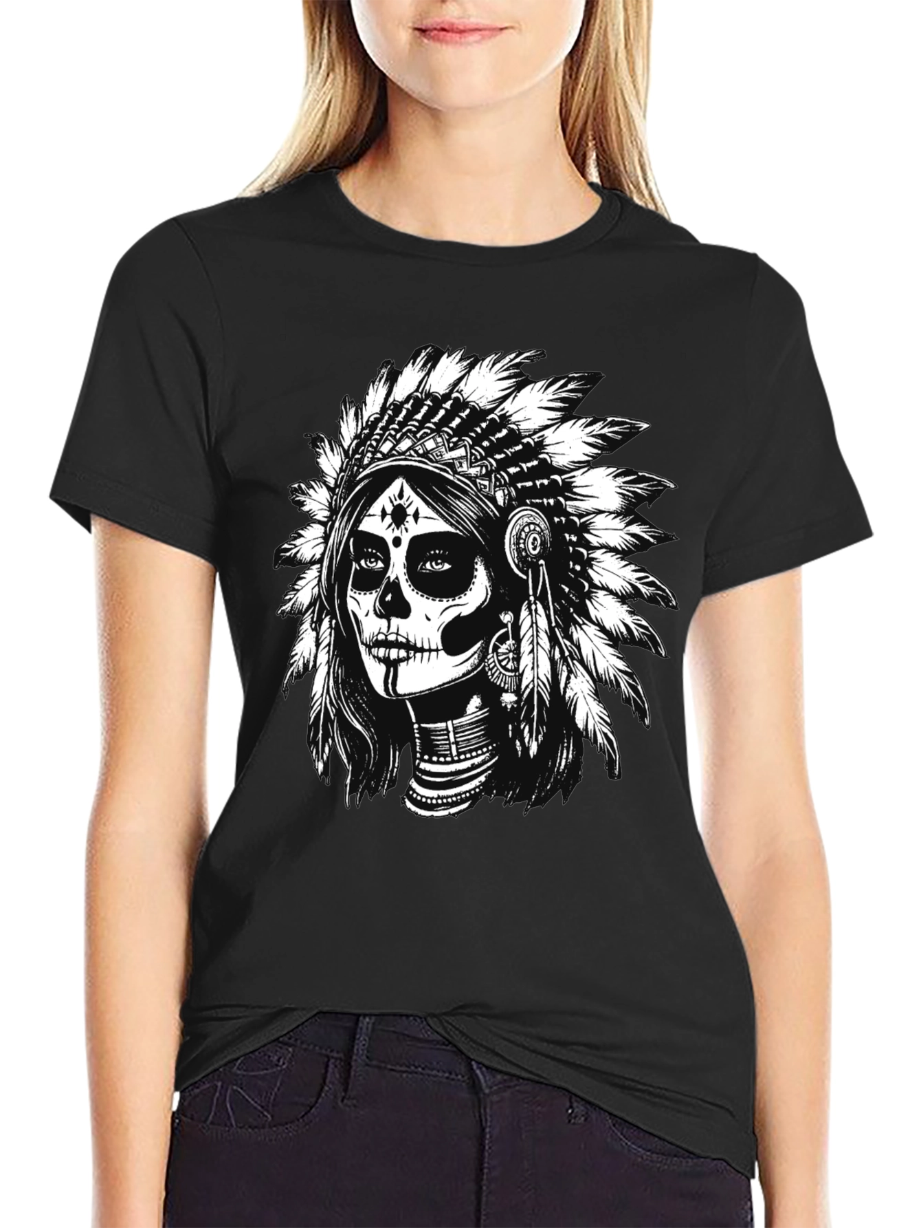Black Skull Indian Headdress Graphic Tee - Black view 2