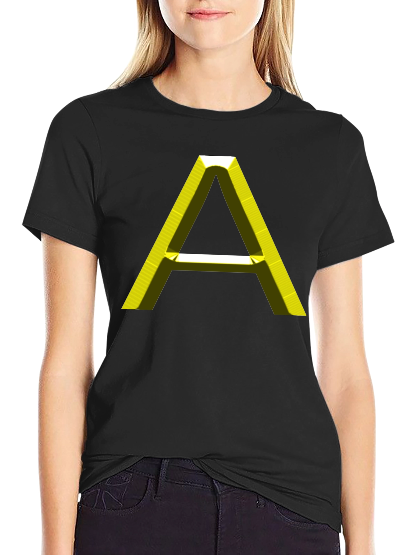 Black Men's Black T-Shirt with 3D Yellow "A" Graphic view 2