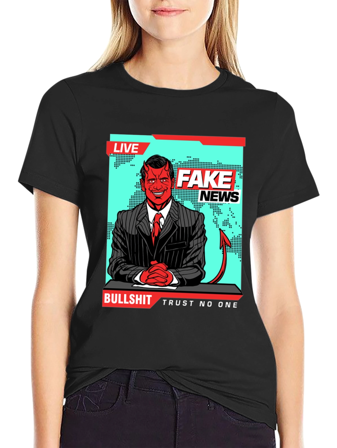 Black Fake News Devil T-Shirt - Trust No One view 2