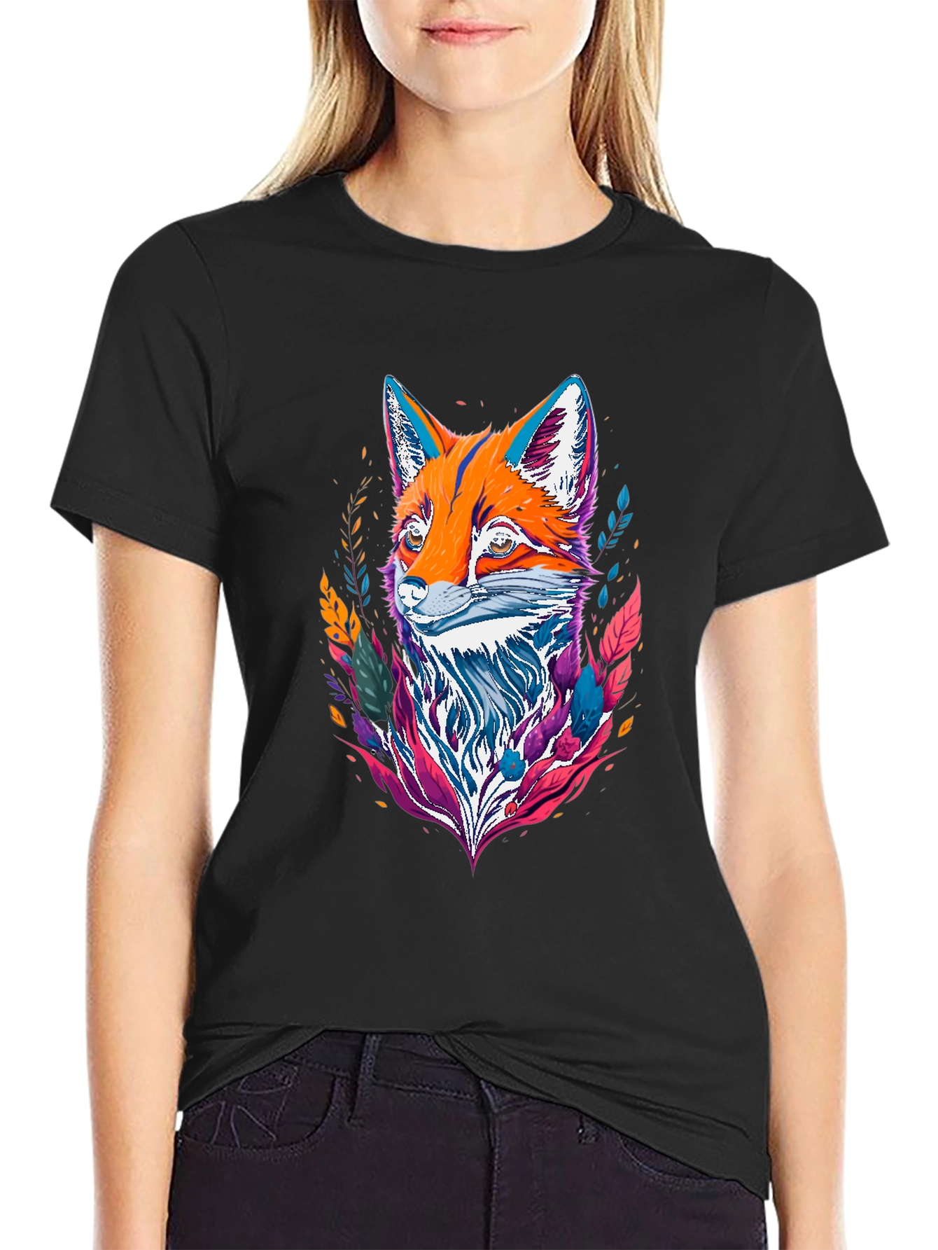 Black Abstract Fox Graphic Tee - Vivid Print view 2