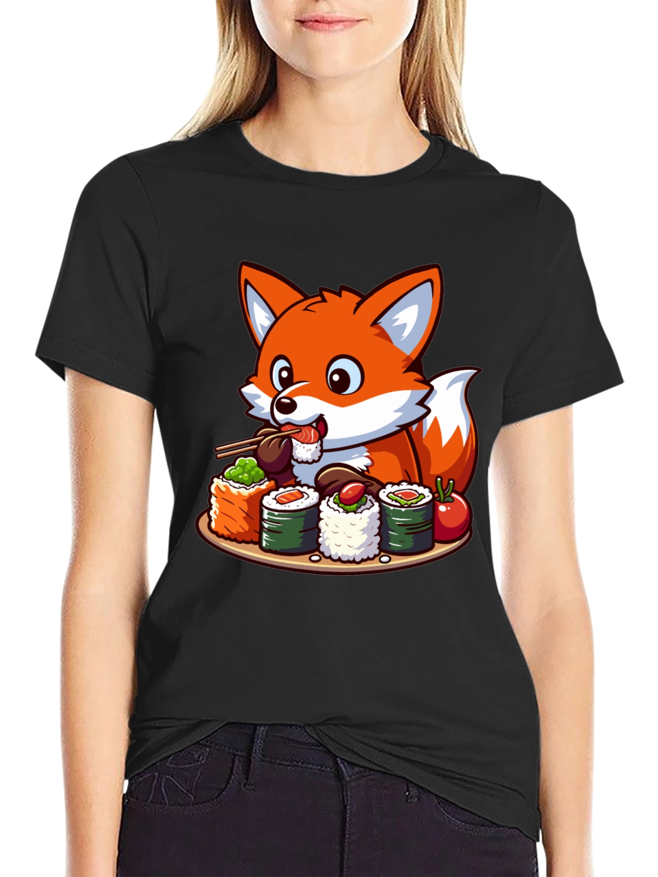 Black Fox Loves Sushi Graphic T-Shirt - Unisex Casual Tee view 2