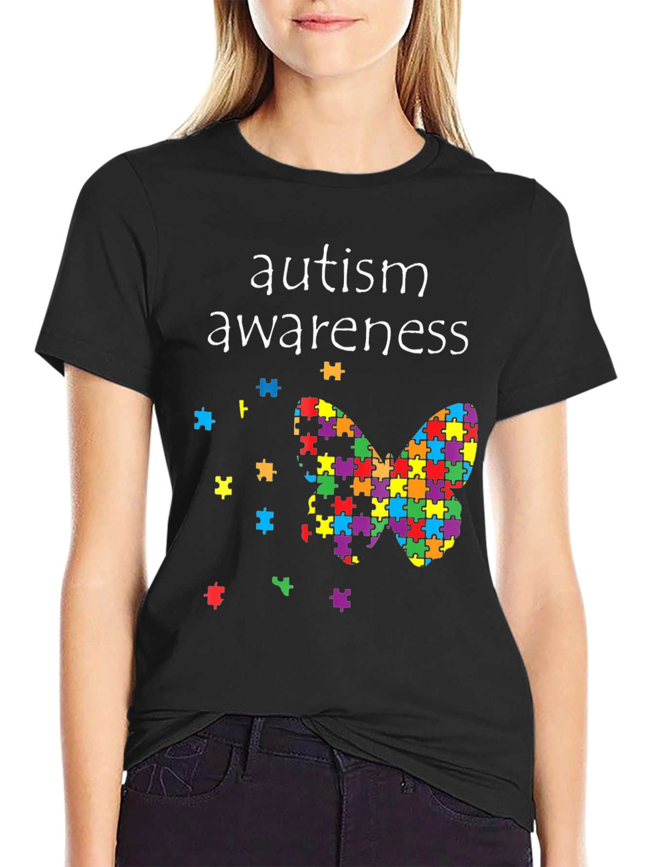 Black Autism Awareness Butterfly Puzzle Piece T-Shirt view 2