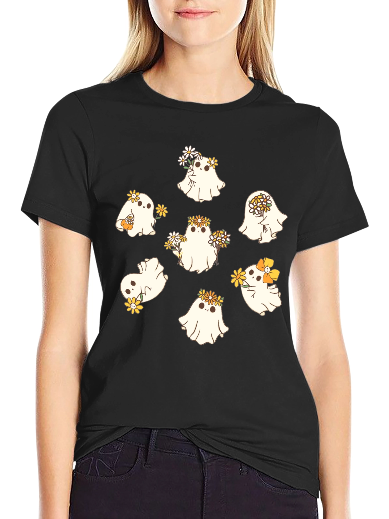 Black Cute Ghost with Flowers Black T-Shirt view 2