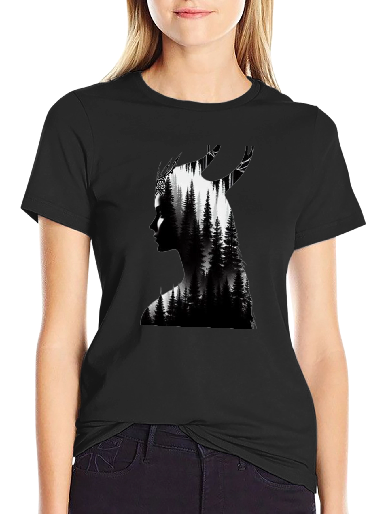 Black Nature Silhouette Graphic Tee - Black Cotton Blend view 2