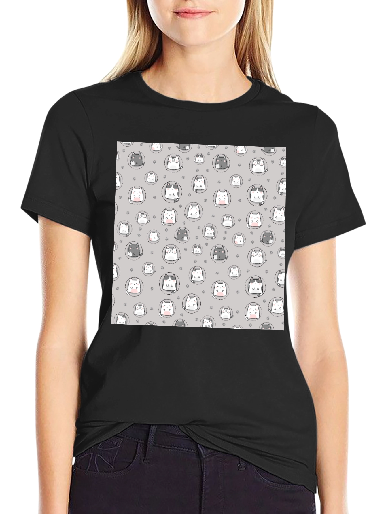 Black Cute Cartoon Cat Print T-Shirt - Black view 2