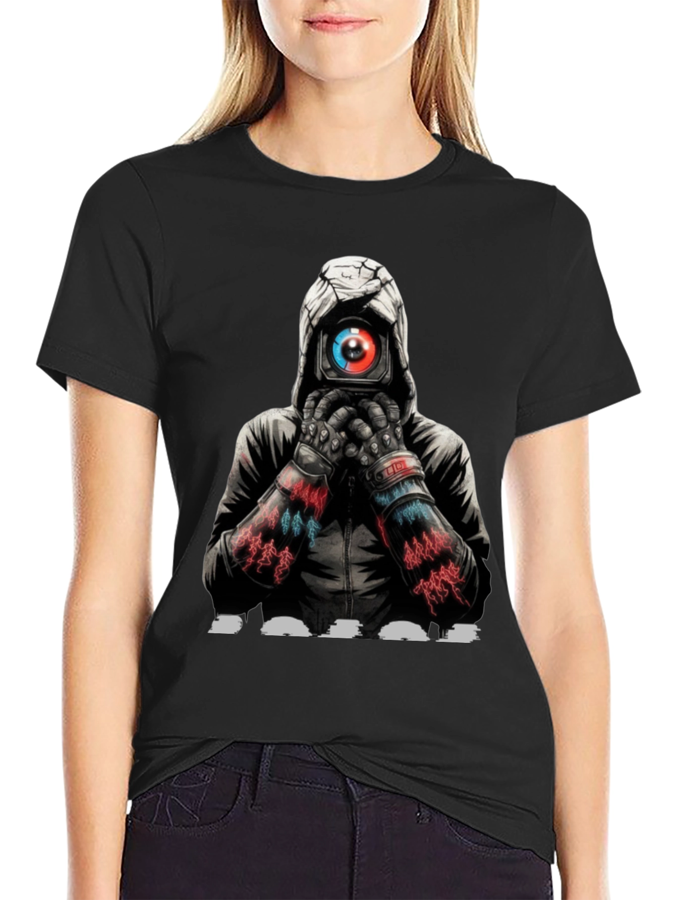 Black Cyberpunk Camera Eye Graphic Black T-Shirt view 2