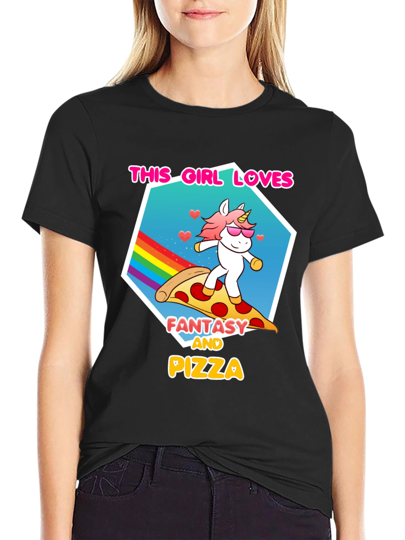 Black Unicorn Pizza Fantasy Graphic Tee view 2