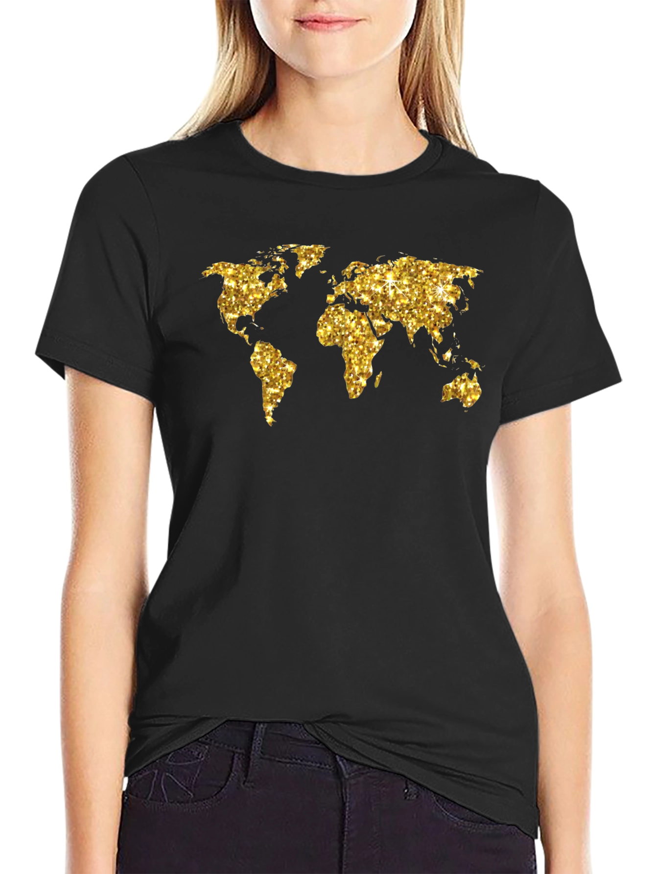 Black Glitter World Map Graphic Tee - Black view 2