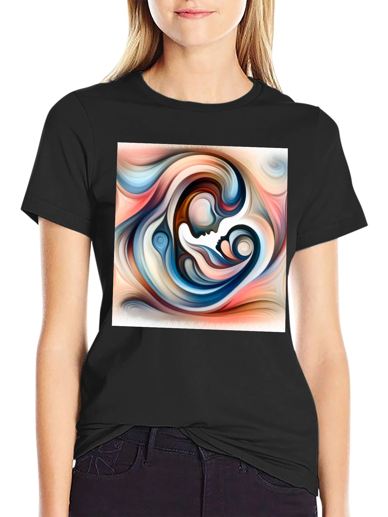 Black Abstract Mother Child Art T-Shirt - Unisex Black Tee view 2