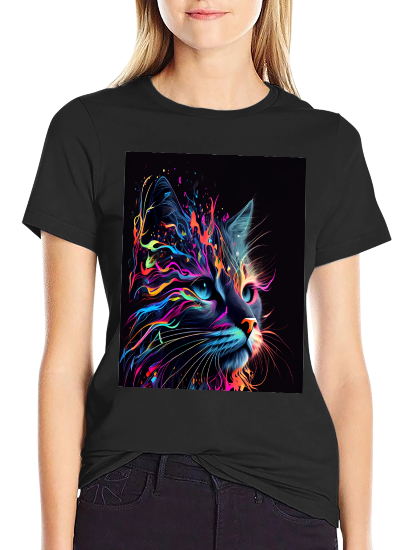 Black Neon Cat Graphic T-Shirt - Unique Design view 2