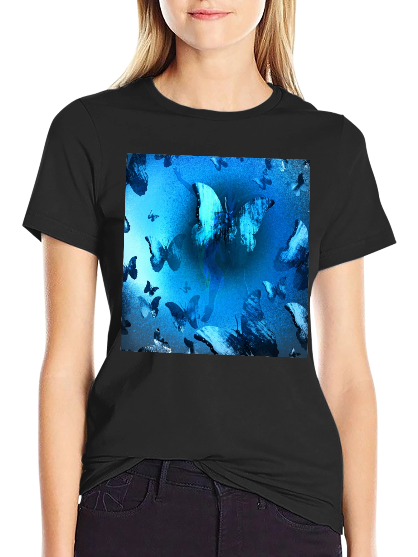 Black Butterfly Blue T-Shirt Graphic Tee view 2
