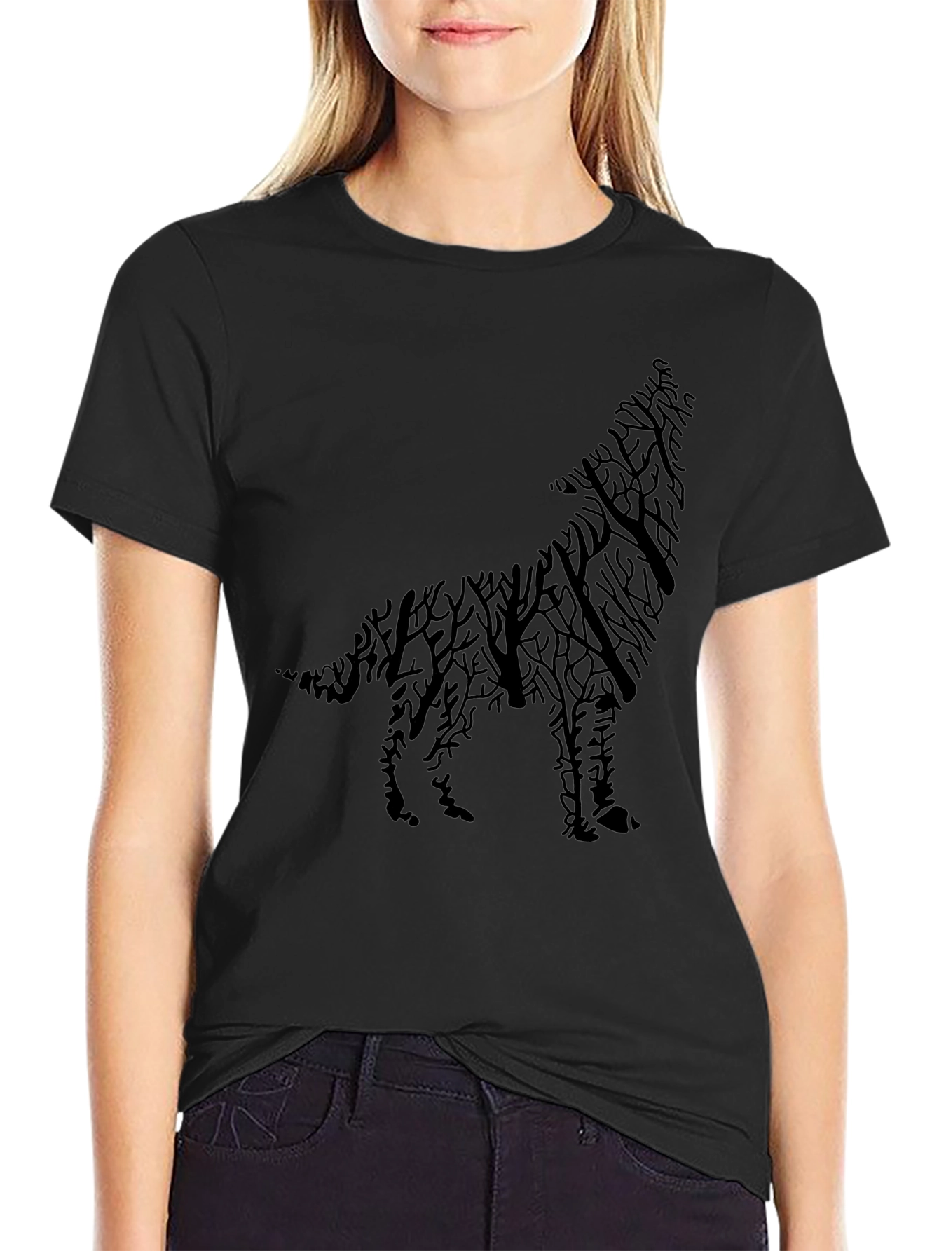 Black Wolf Silhouette Tree Branch Graphic Tee - Black view 2