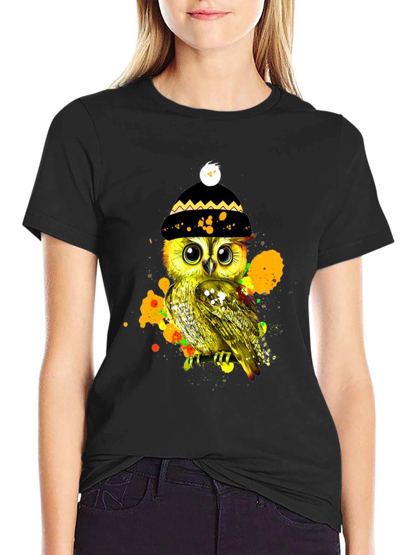 Black Stylish Owl Graphic Tee - Unique & Trendy view 2