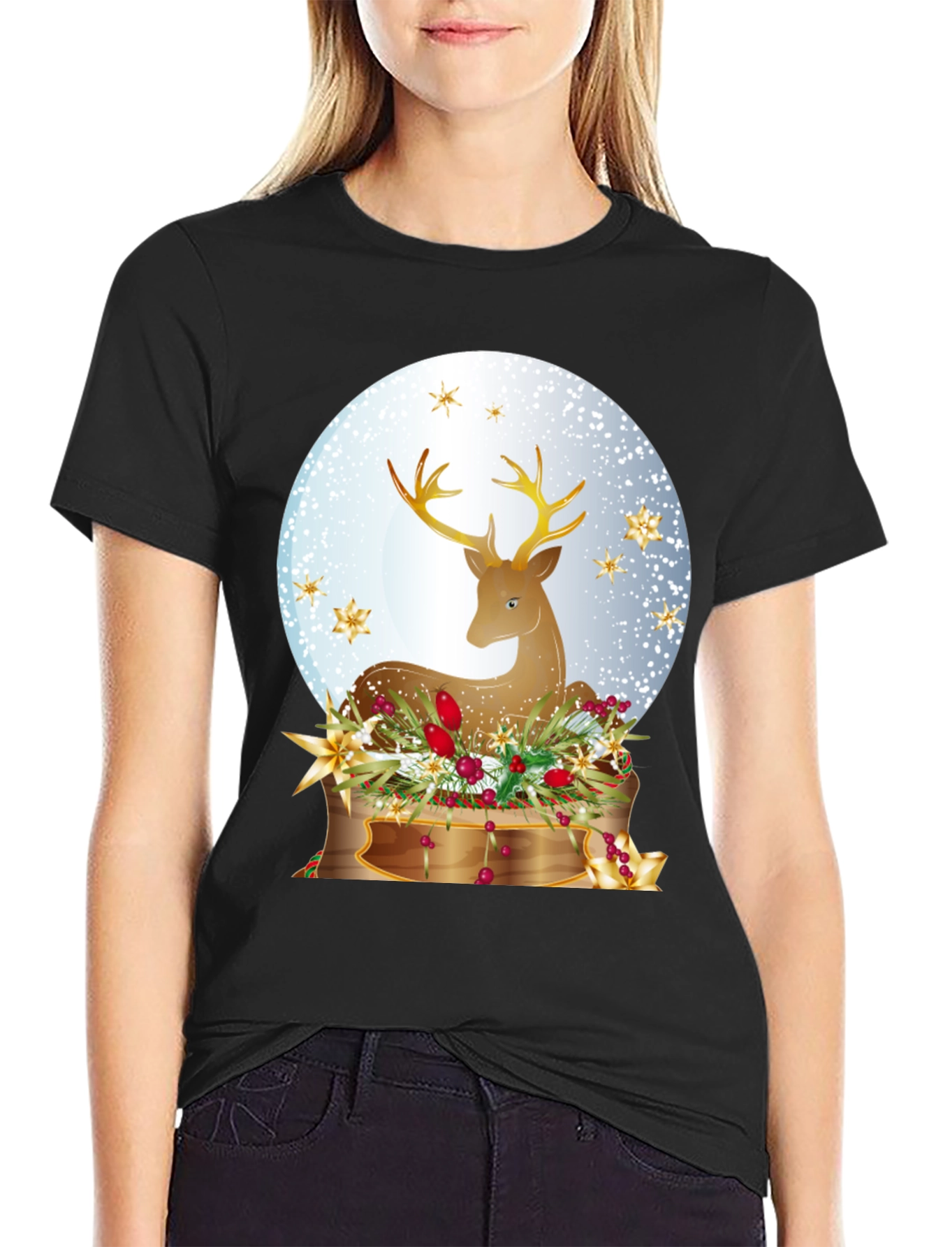 Black Festive Deer Graphic T-Shirt - Holiday Season Apparel view 2
