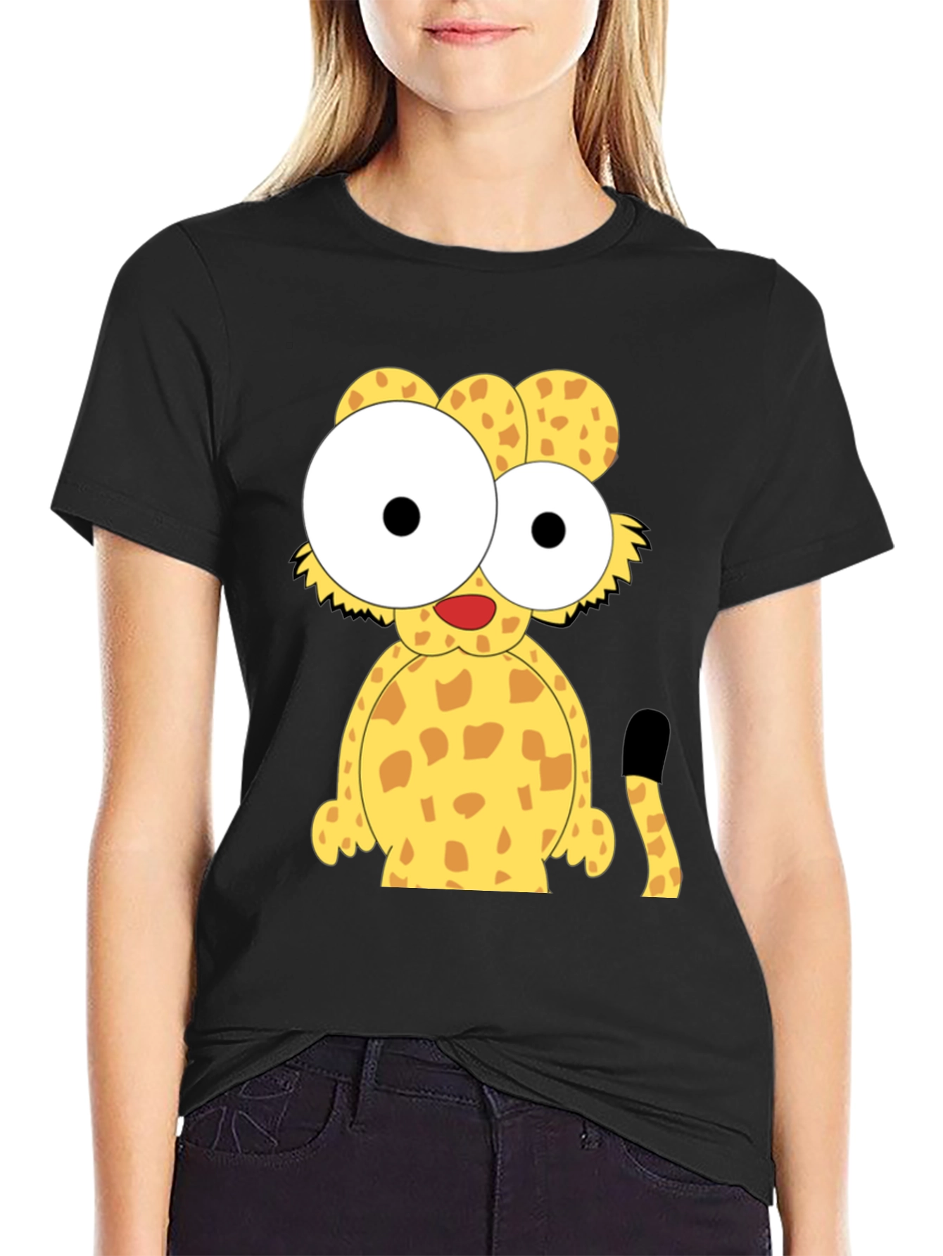 Black Cartoon Cheetah Graphic Tee - Black Cotton T-Shirt view 2