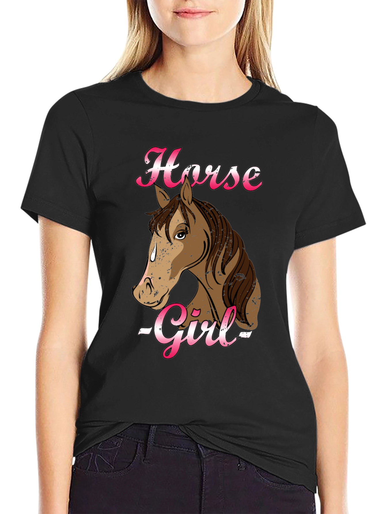 Black Horse Girl Graphic Tee - Black Cotton Shirt view 2