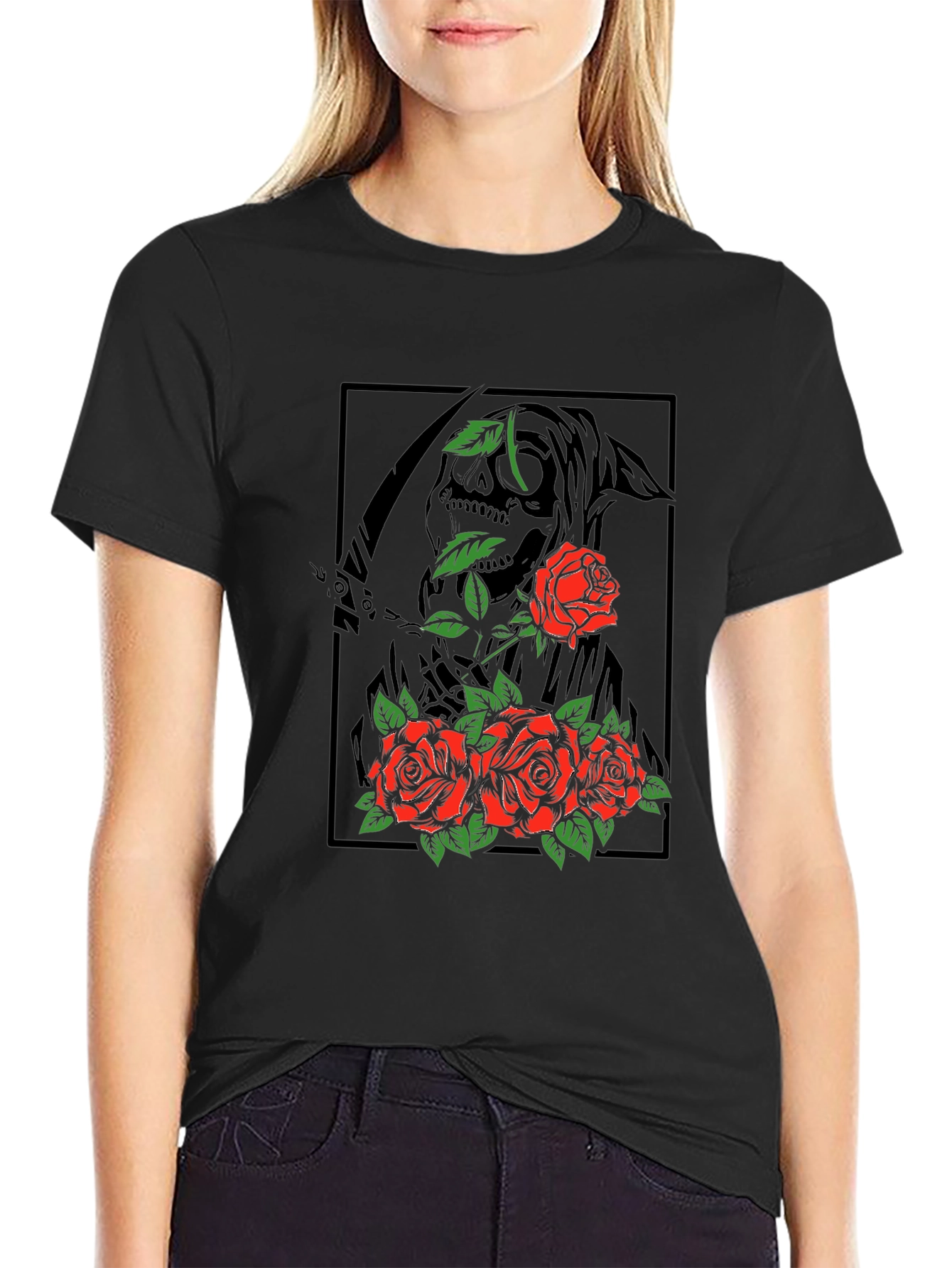 Black Grim Reaper Roses Graphic Print T-Shirt view 2