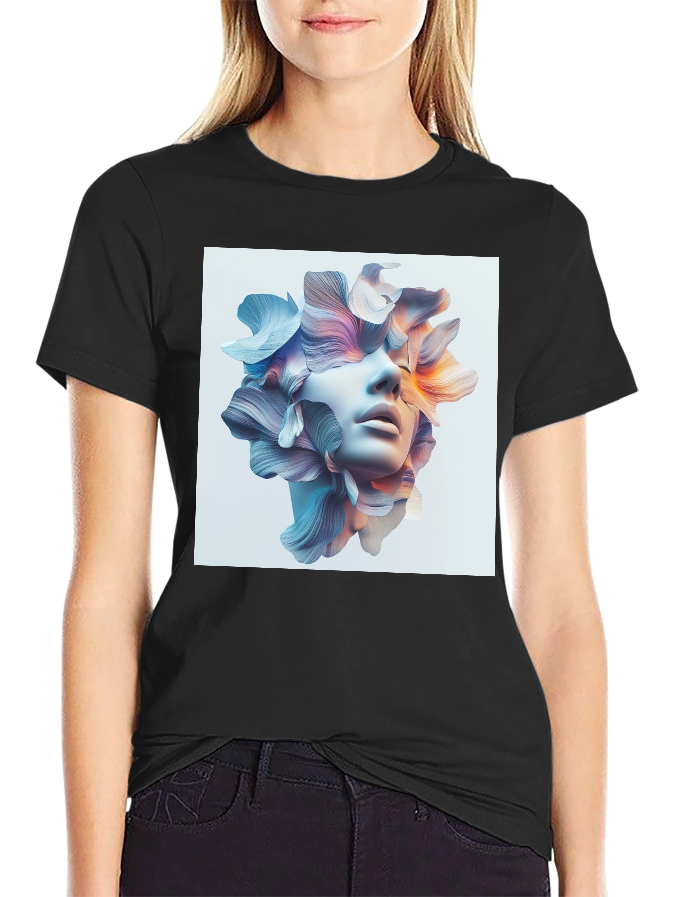 Black Floral Face Graphic Tee - Modern Art T-Shirt view 2