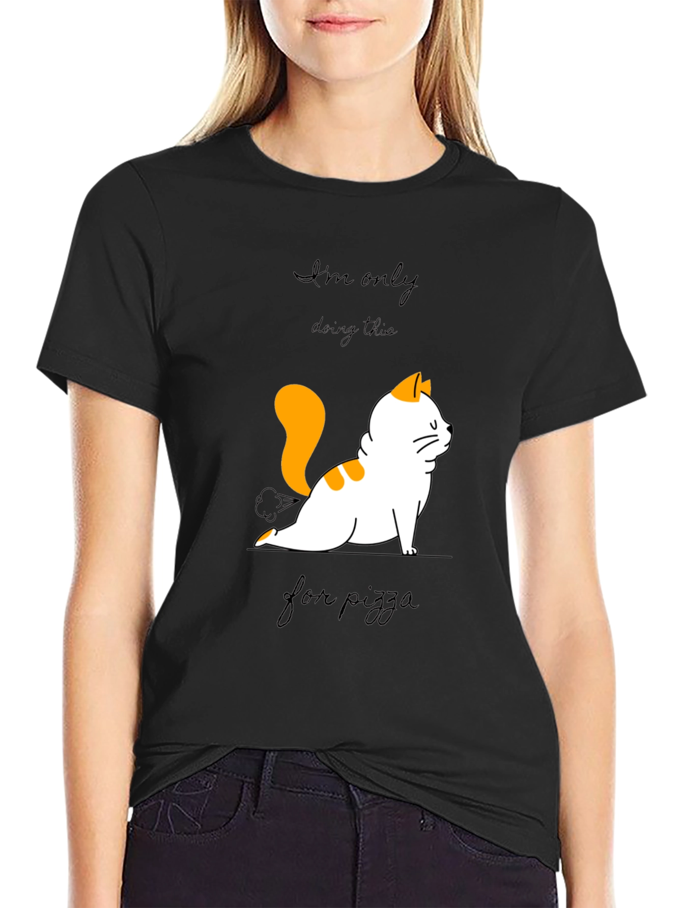 Black Yoga Cat Pizza T-Shirt view 2
