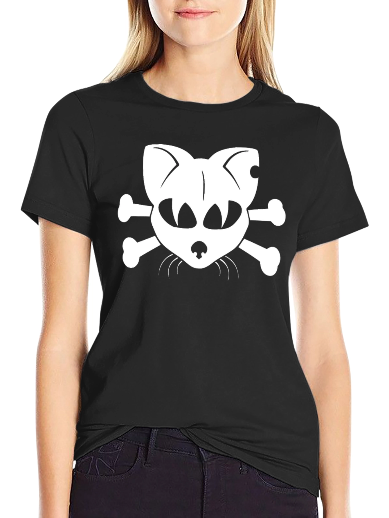 Black Cat Skull & Crossbones Graphic T-Shirt - Black Cotton Tee view 2