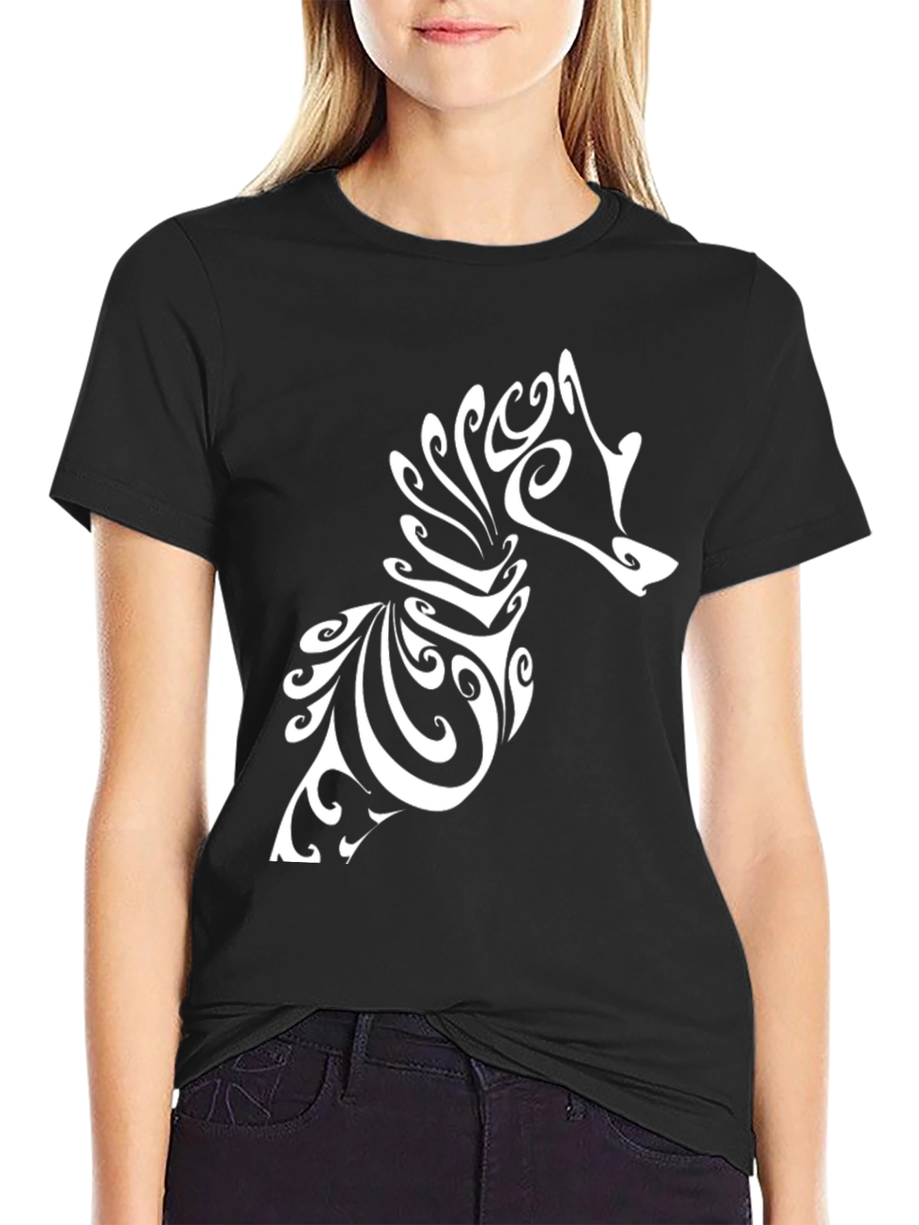 Black Tribal Seahorse Graphic Tee - Black Cotton T-Shirt view 2