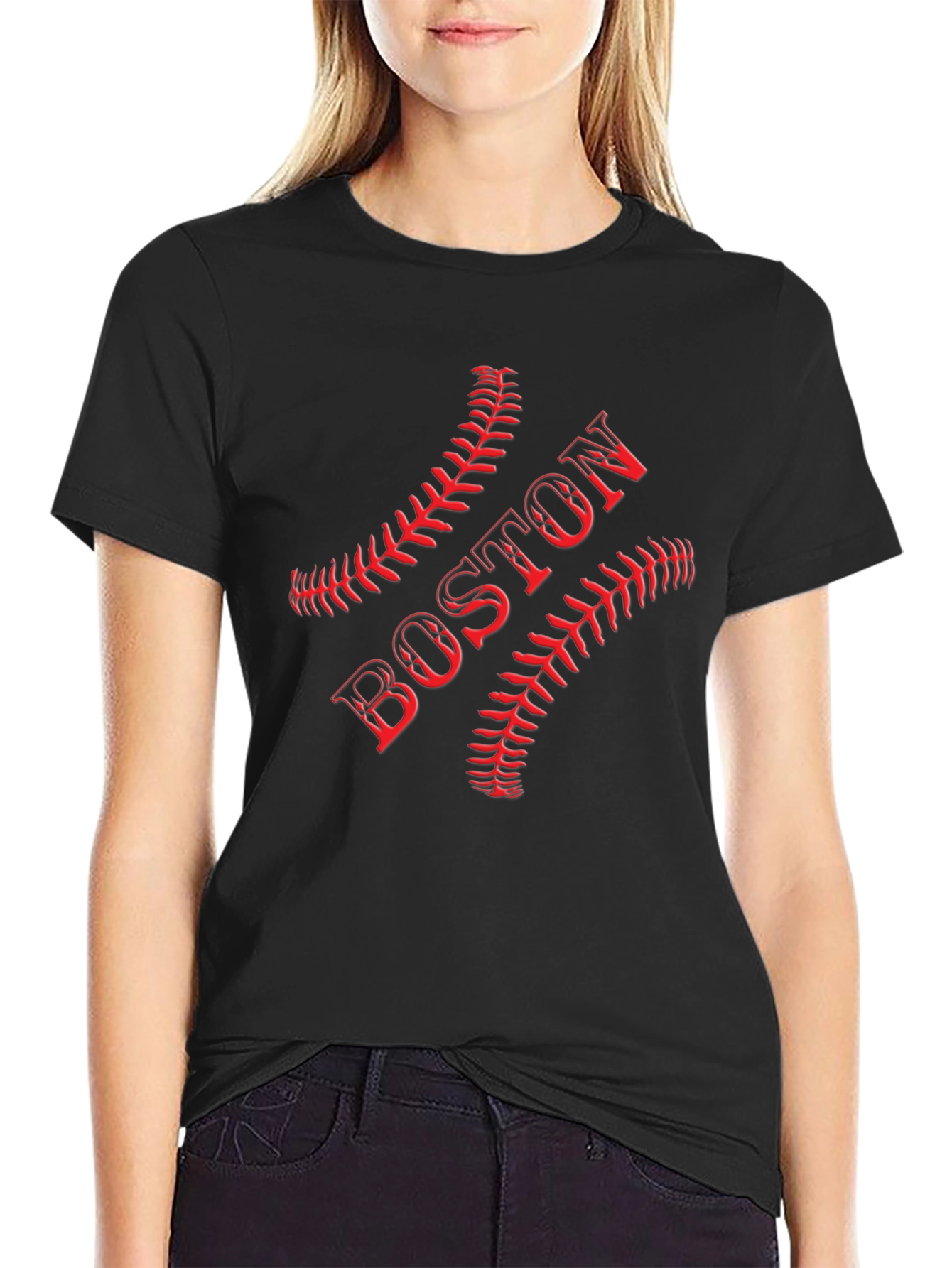 Black Boston Baseball T-Shirt - Red Stitch Design view 2