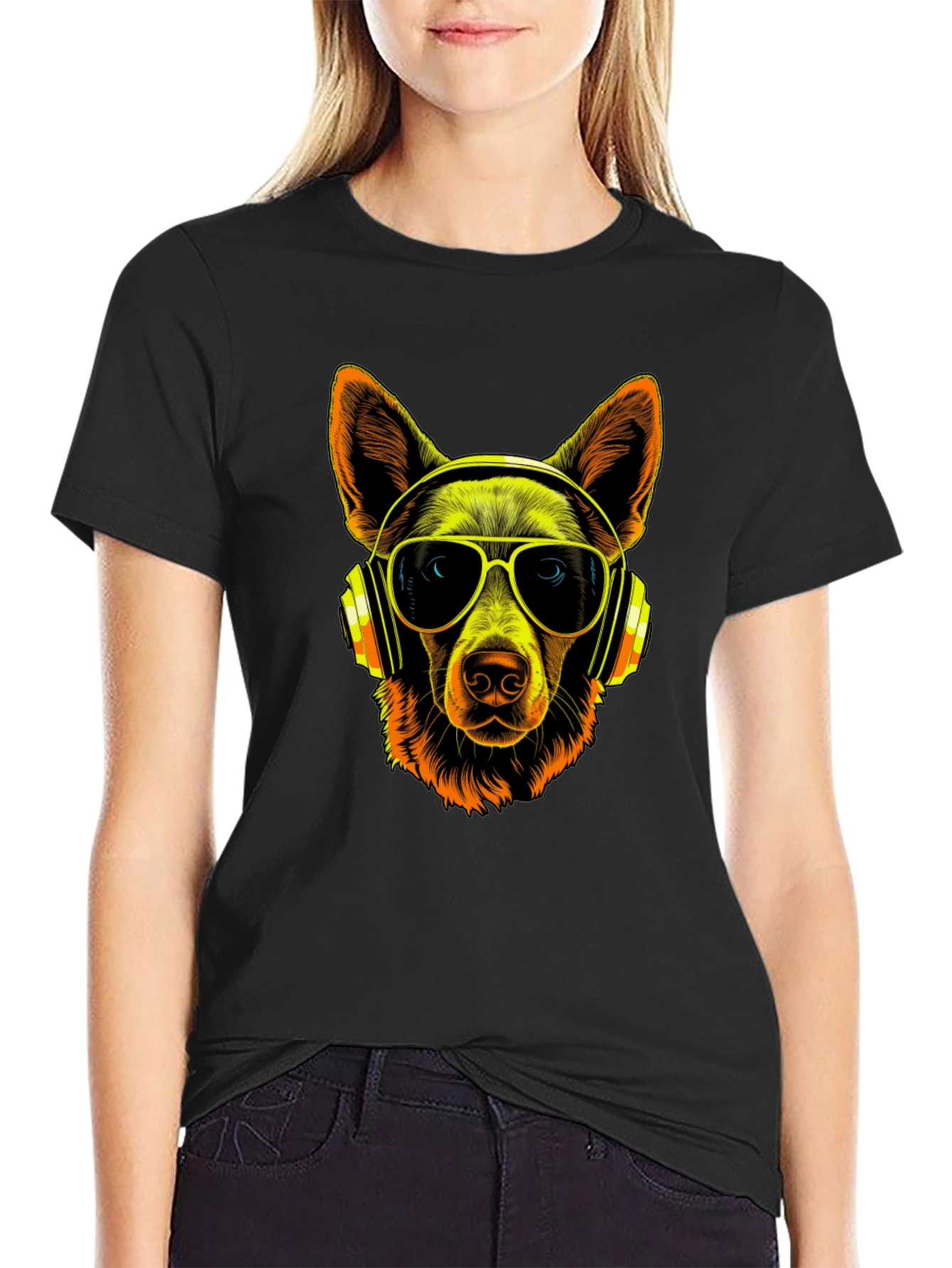 Black Dog DJ T-Shirt - Cool Canine with Headphones & Shades view 2