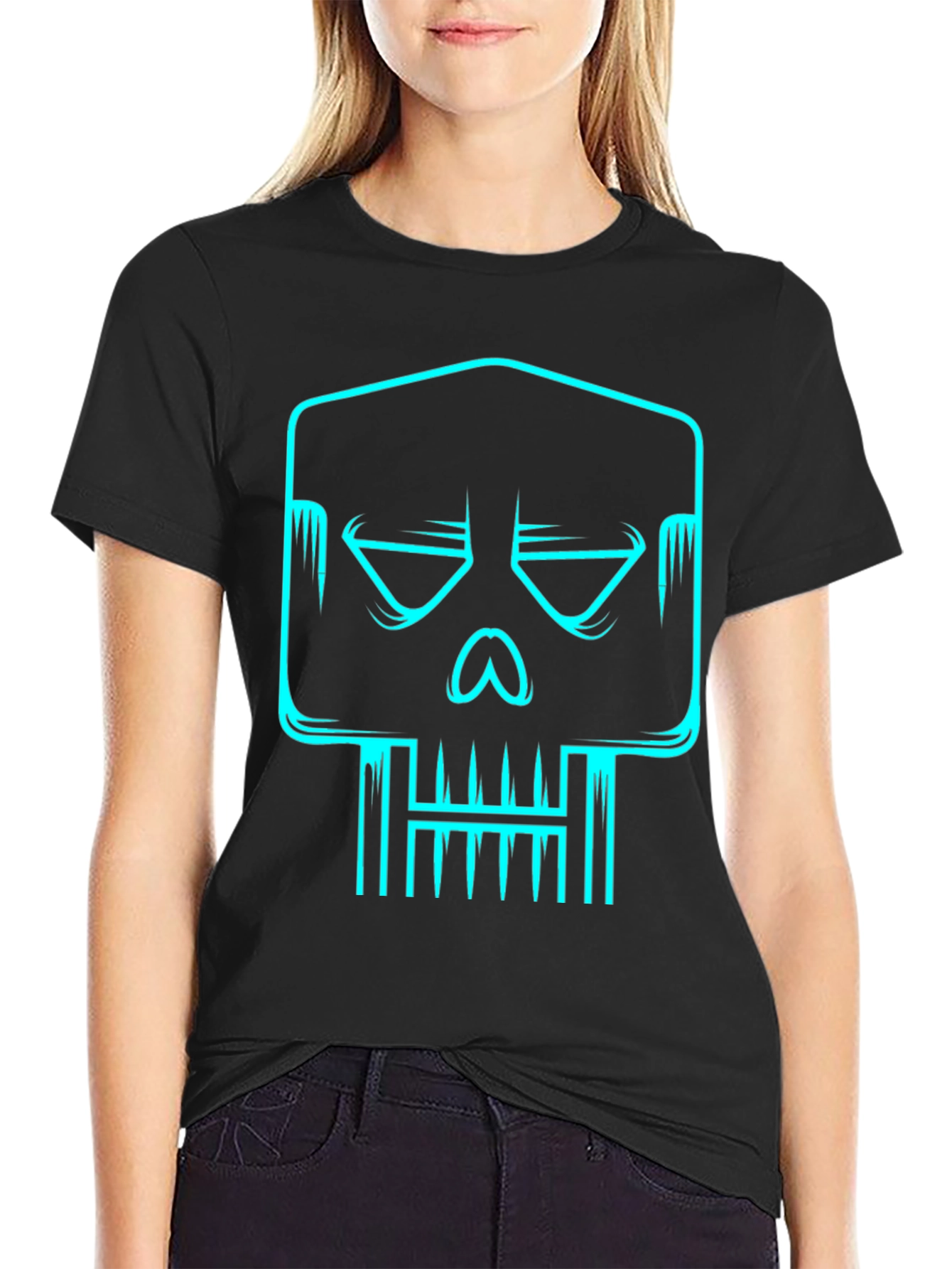 Black Cyber Skull Graphic Tee - Black Cotton T-Shirt view 2