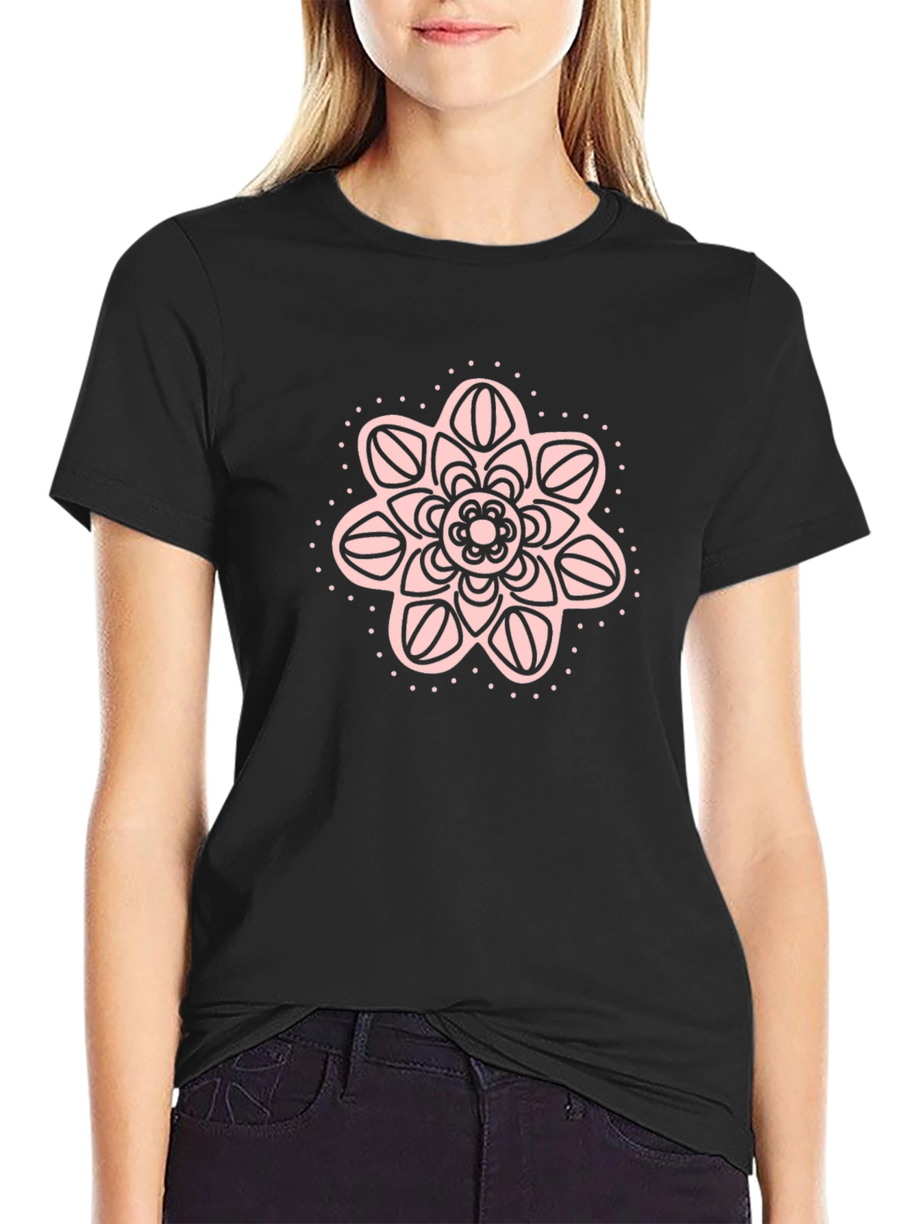 Black Tee with Floral Mandala Print - 2