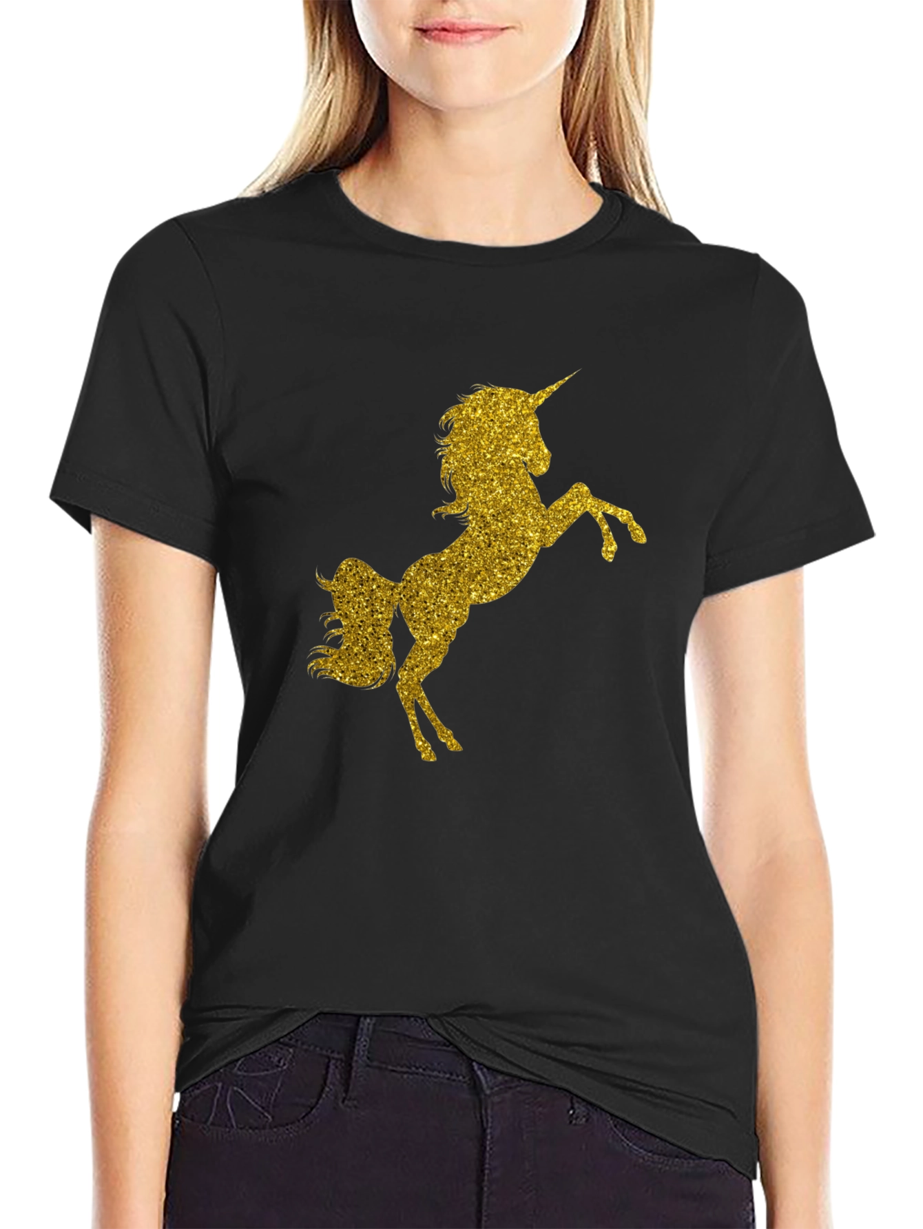 Black Gold Glitter Unicorn Black T-Shirt view 2