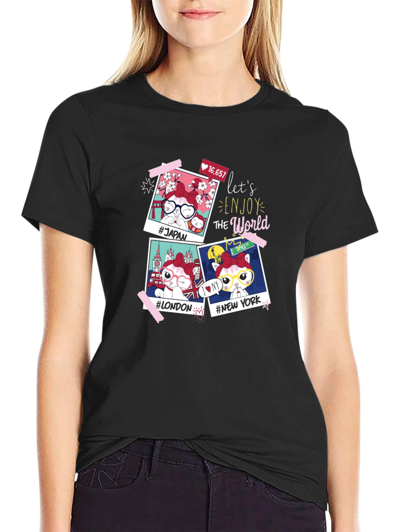 Black World Traveler Cat T-Shirt view 2