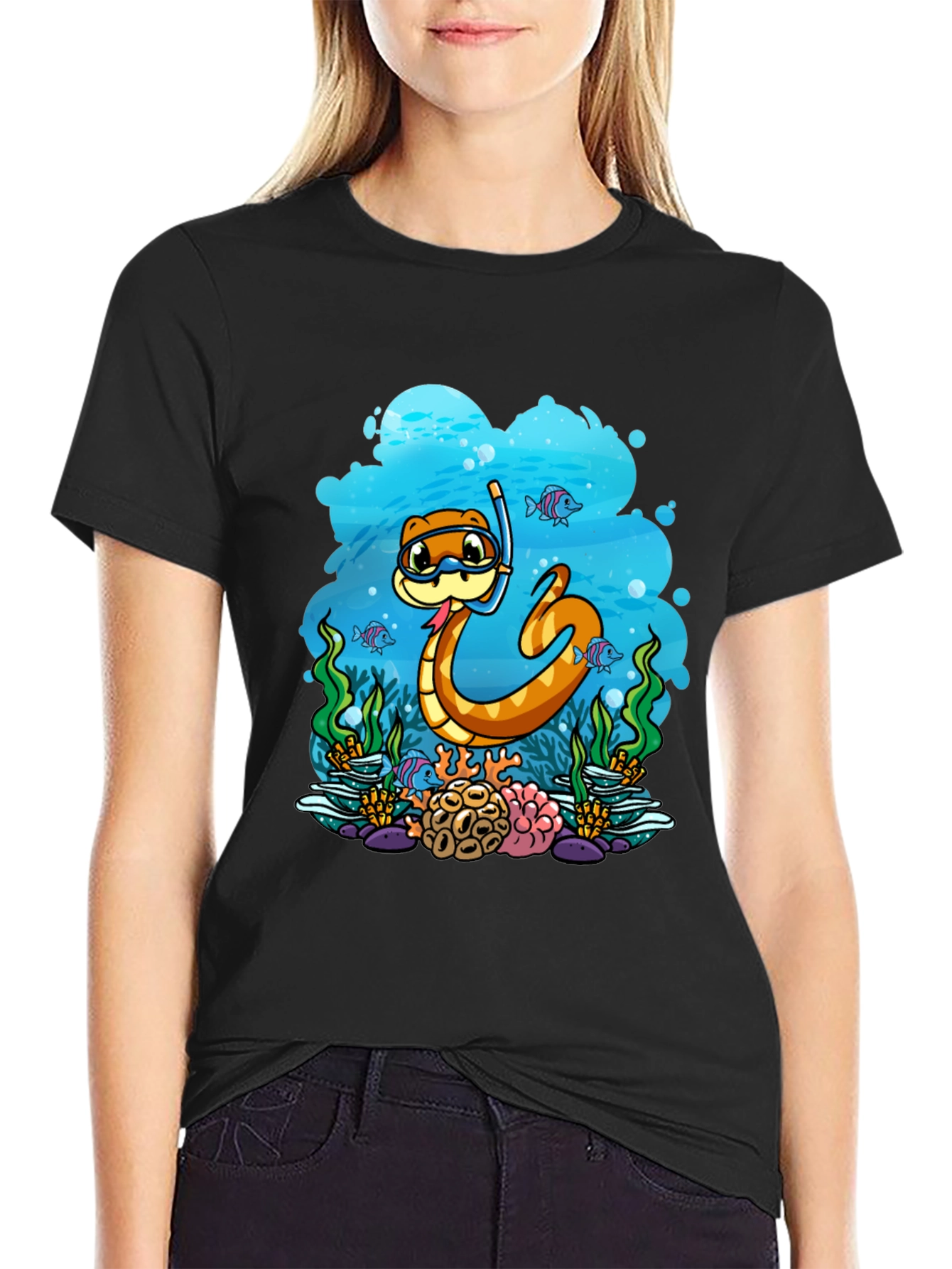 Black Cartoon Snorkeling Snake Graphic Tee view 2