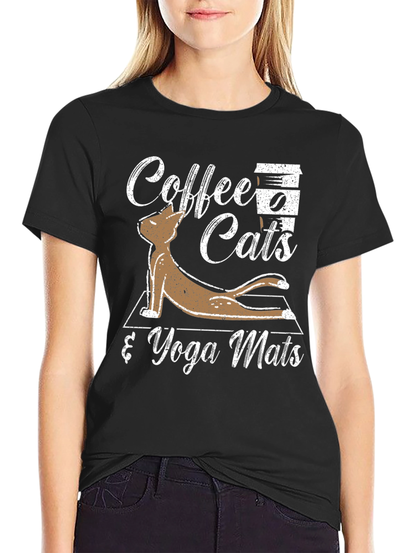 Black Coffee Cats & Yoga Mats Graphic T-Shirt view 2