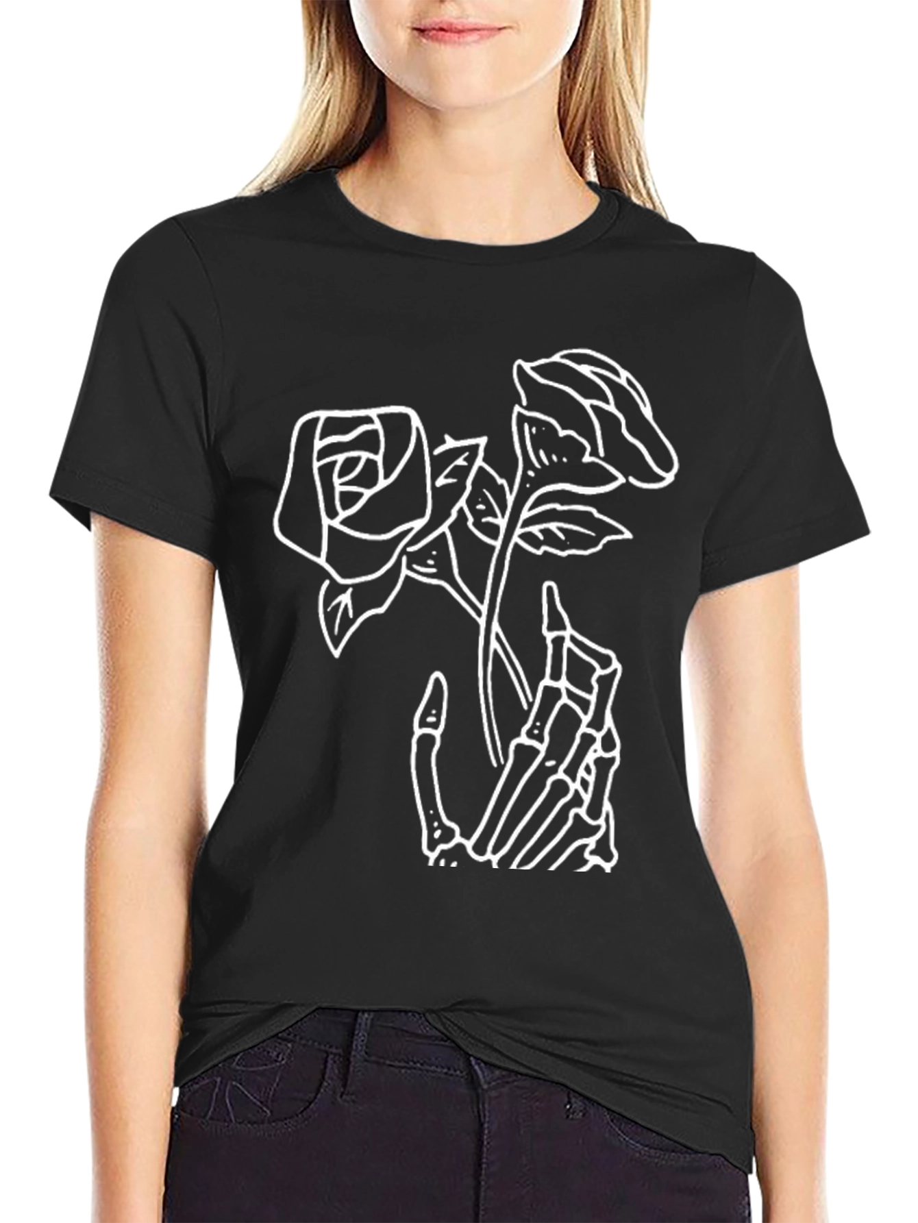 Black Skeleton Hand Rose Graphic Tee - Black Casual T-Shirt view 2