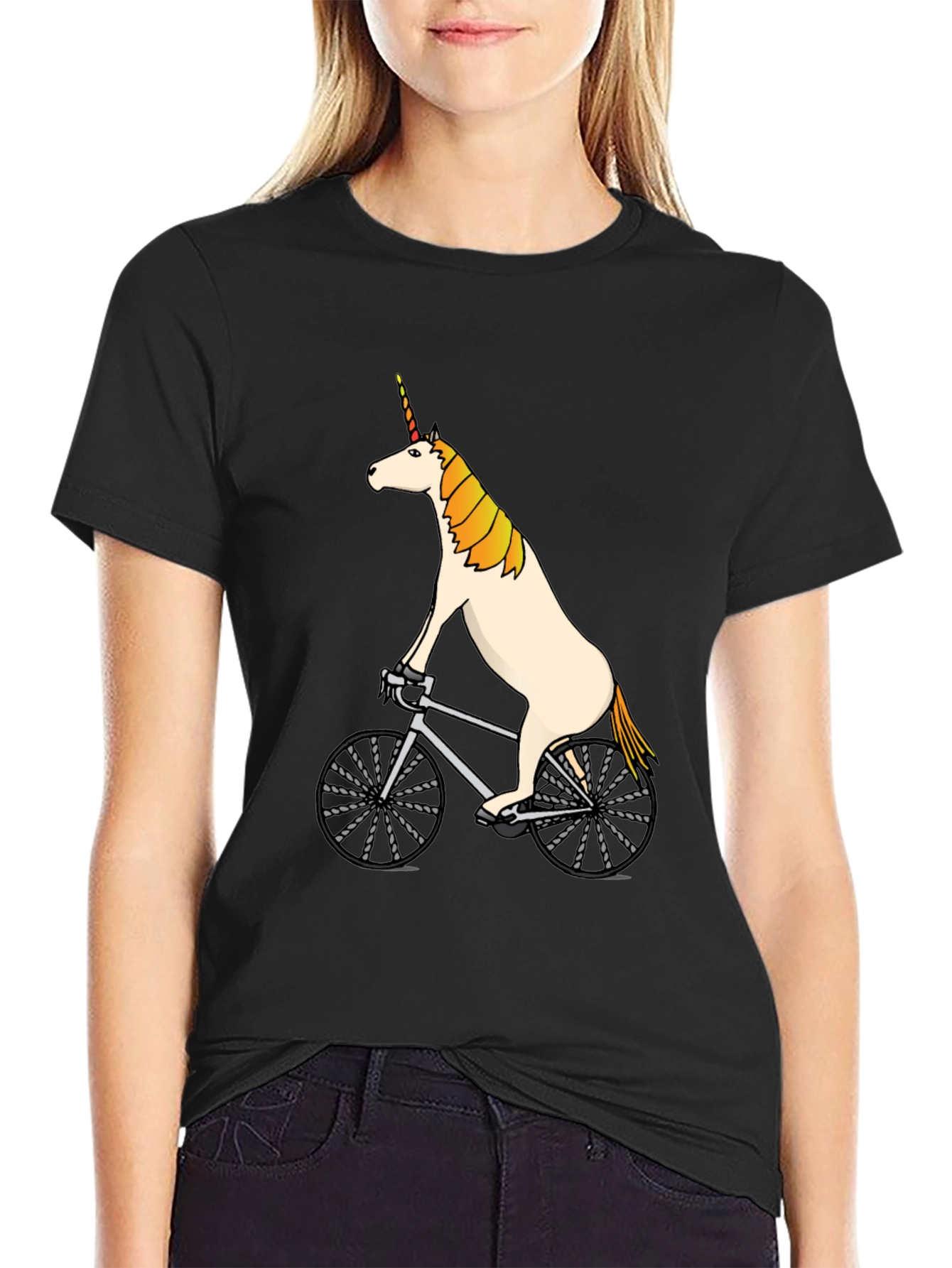 Black Unicorn Riding a Bike T-Shirt - Funny Graphic Tee view 2