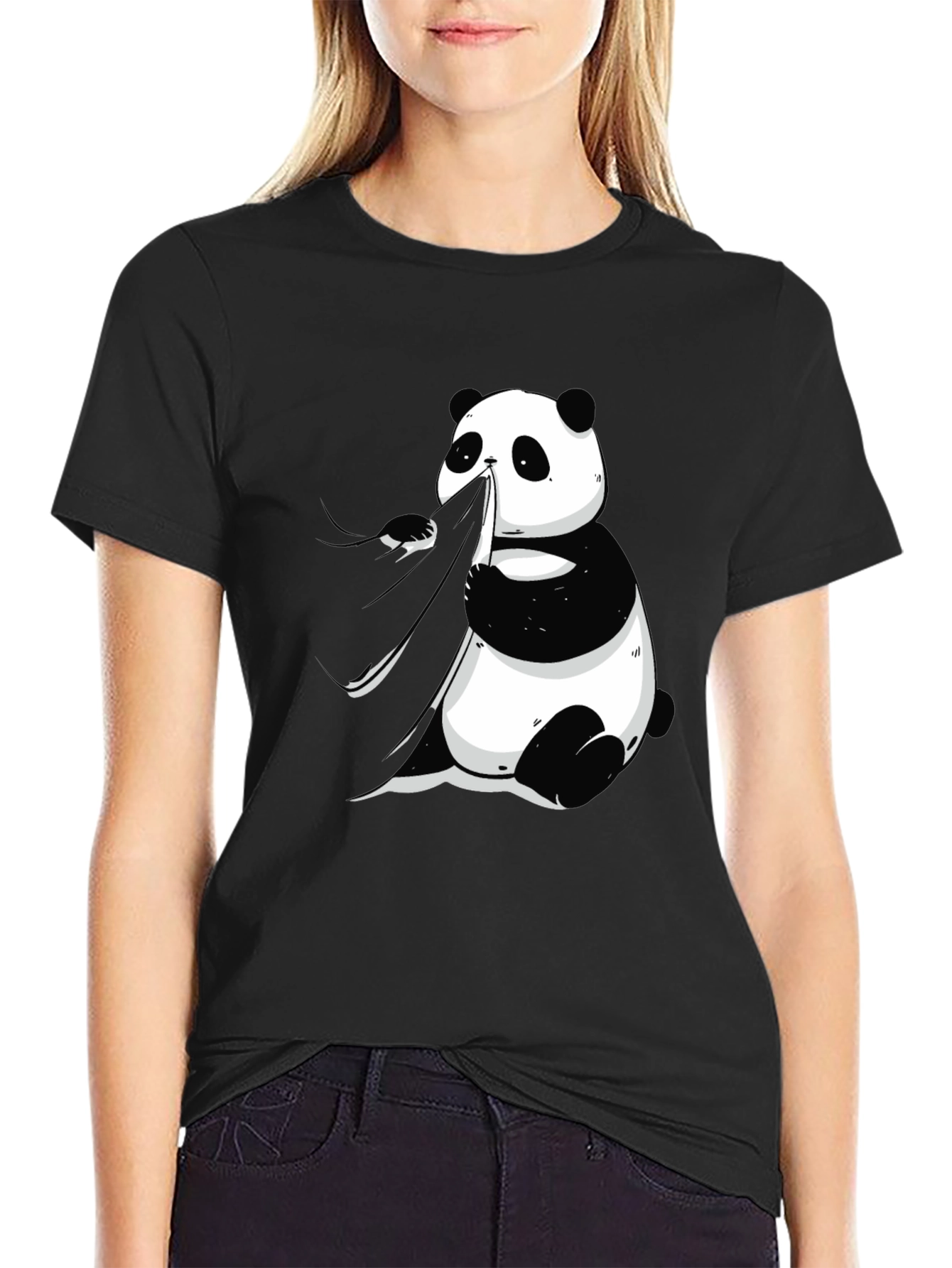 Black Panda Eating Bamboo Graphic Tee - Men's Black T-Shirt view 2