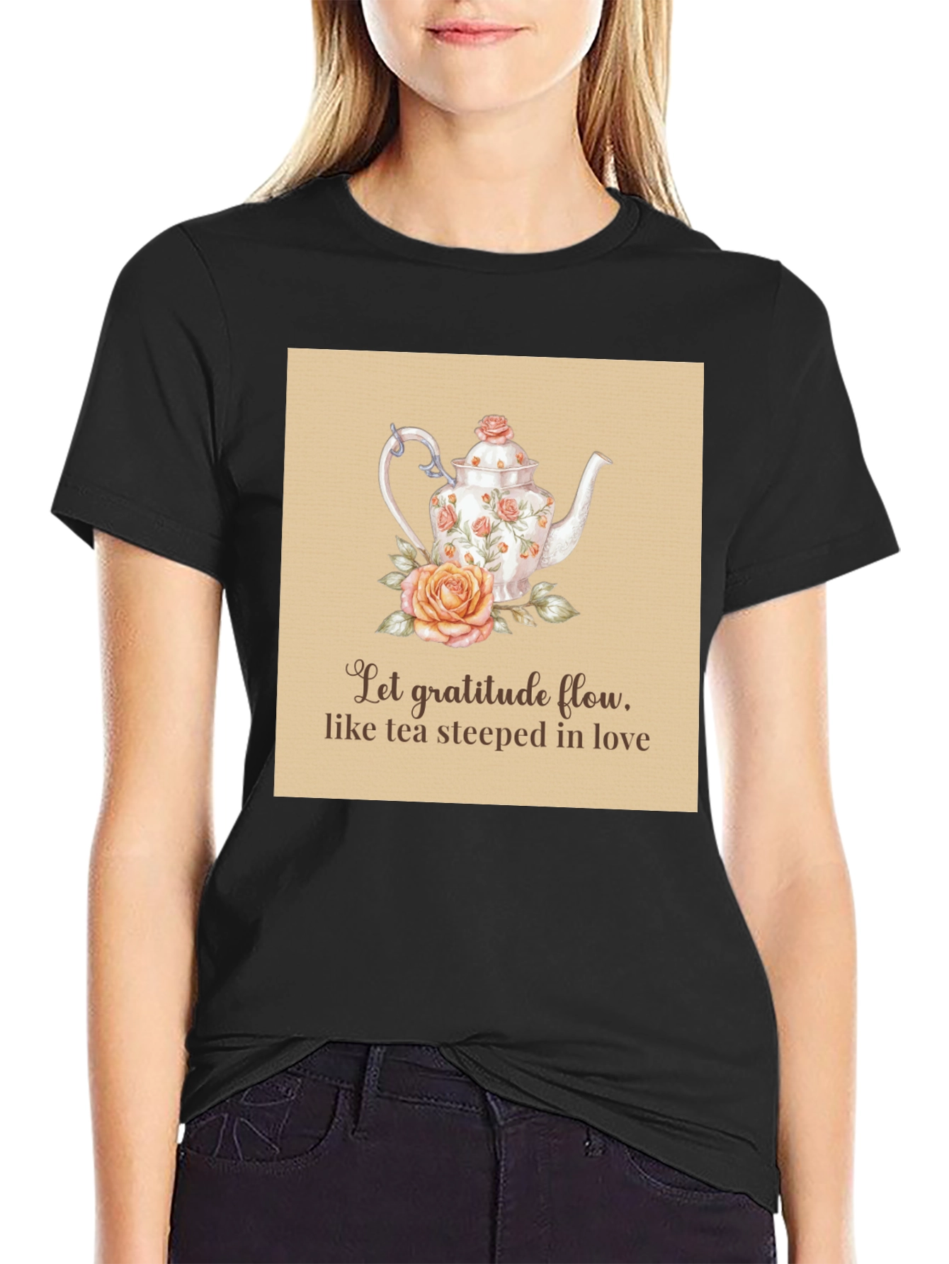 Black Gratitude Tea T-Shirt - Steeped in Love Design view 2
