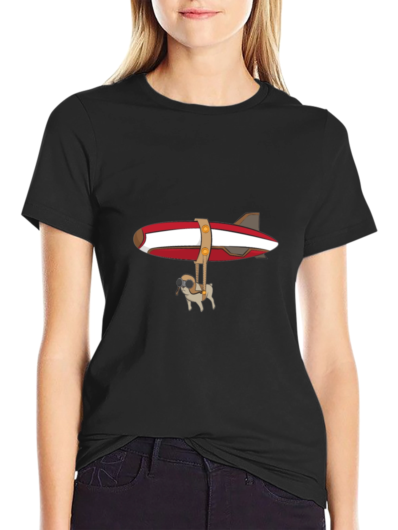 Black Pug Airship T-Shirt - Pilot Dog Design view 2