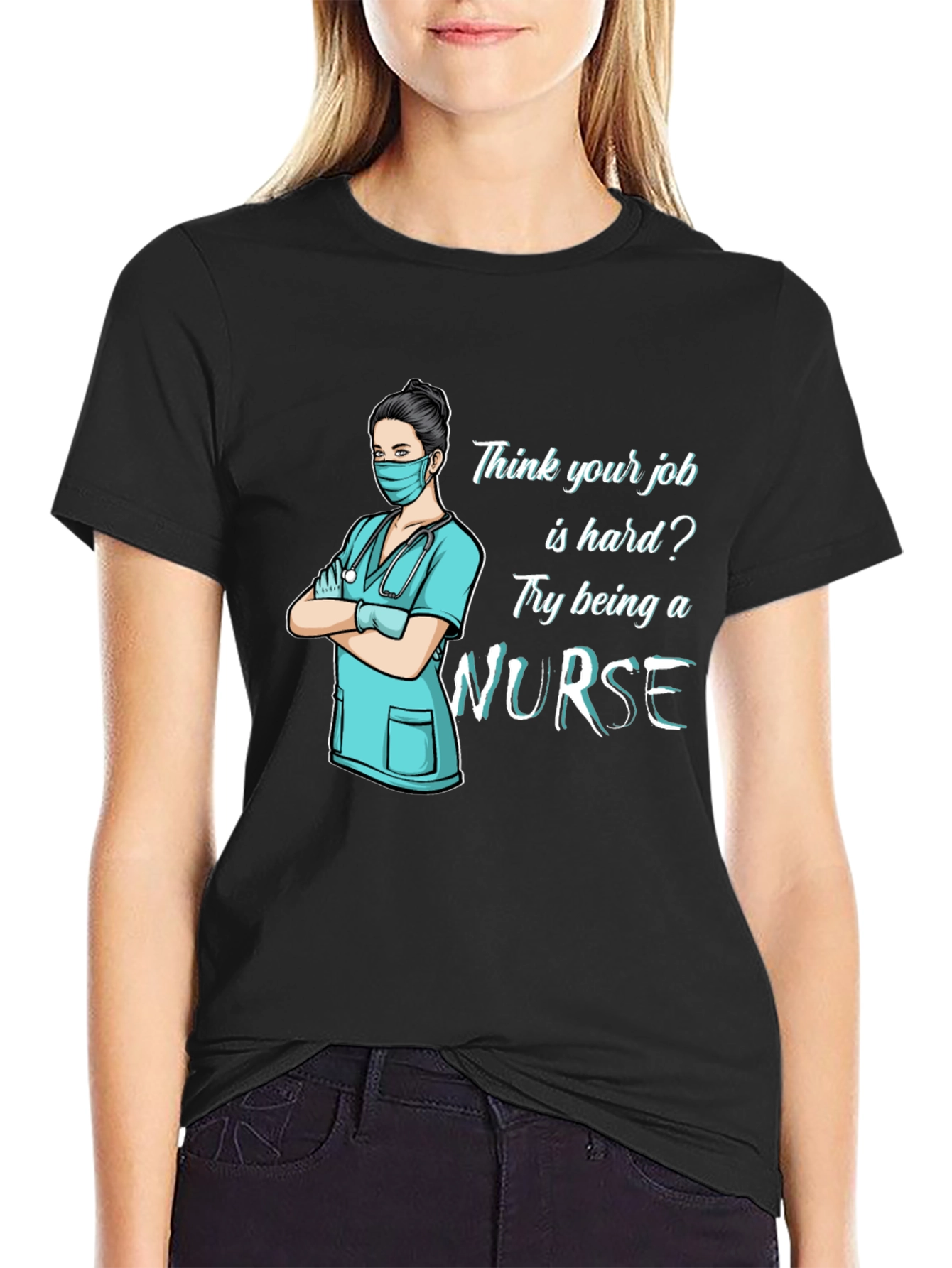 Black Nurse T-Shirt: Hard Job Graphic Tee view 2