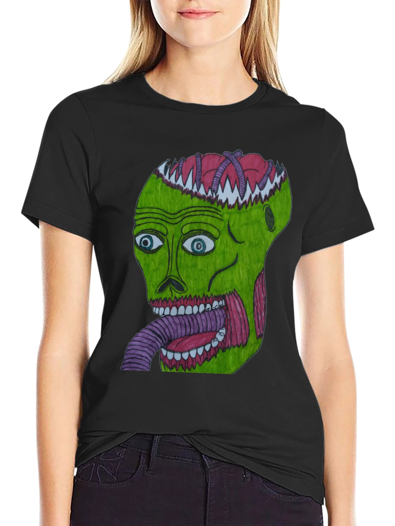 Black Grotesque Green Head Graphic T-Shirt view 2