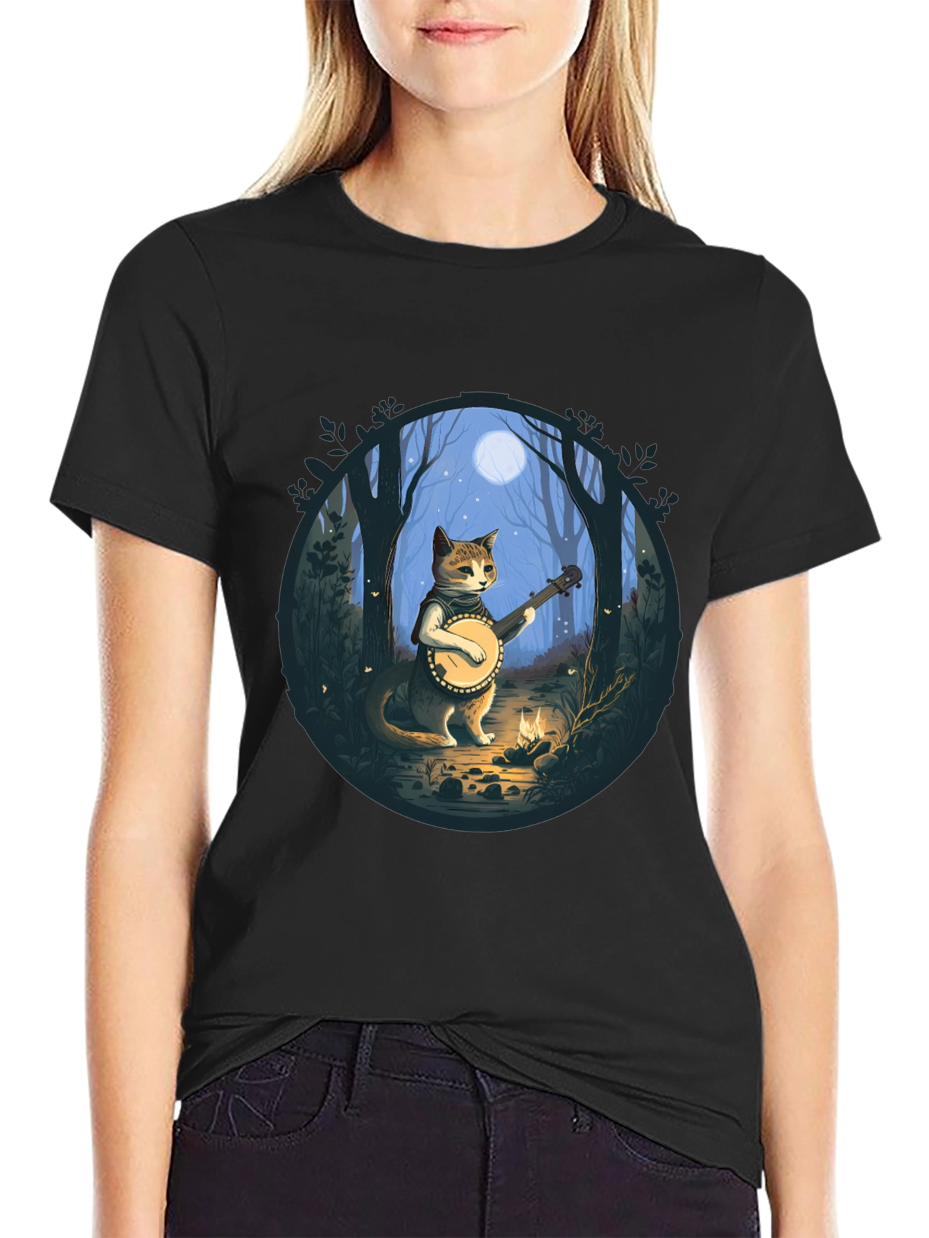 Black Cat Banjo Player Graphic Tee view 2