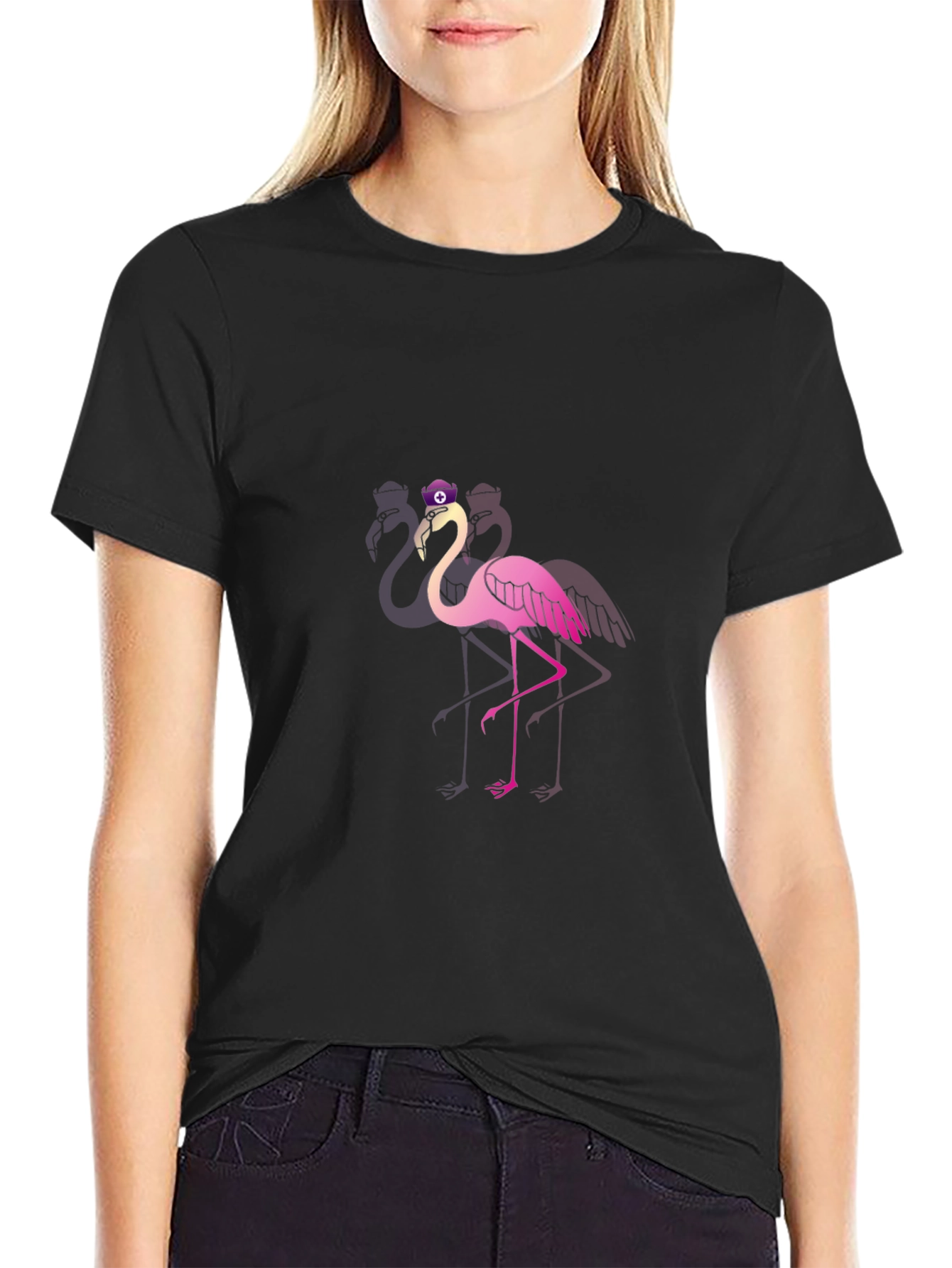 Black Funky Flamingo T-Shirt - Black Cotton Blend view 2